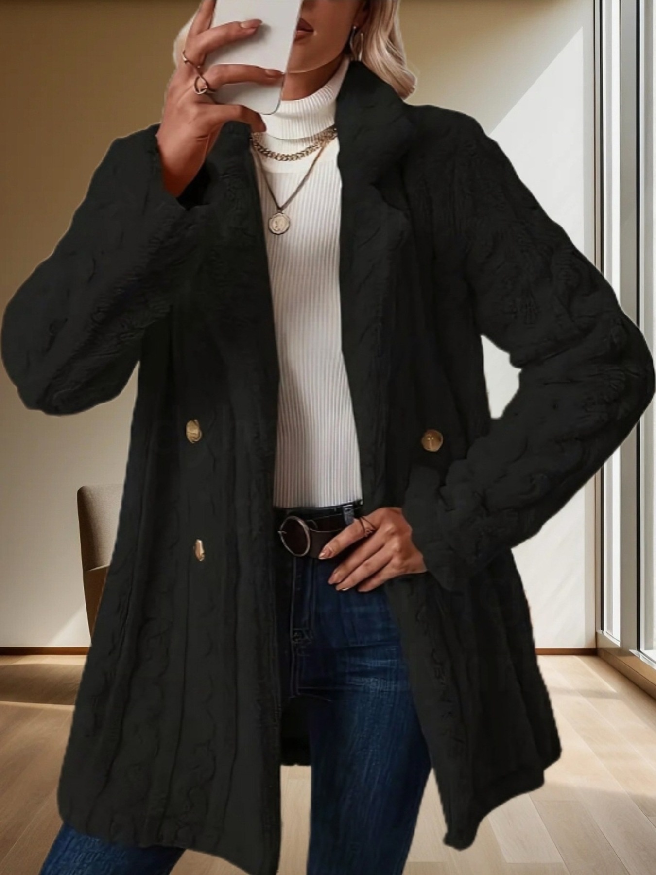 Double-Breasted Fleece Longline Coat
