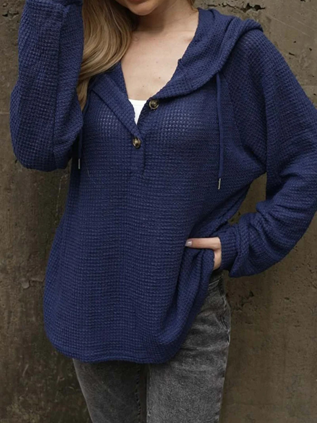 Waffle Knit Hoodie with Button Detail