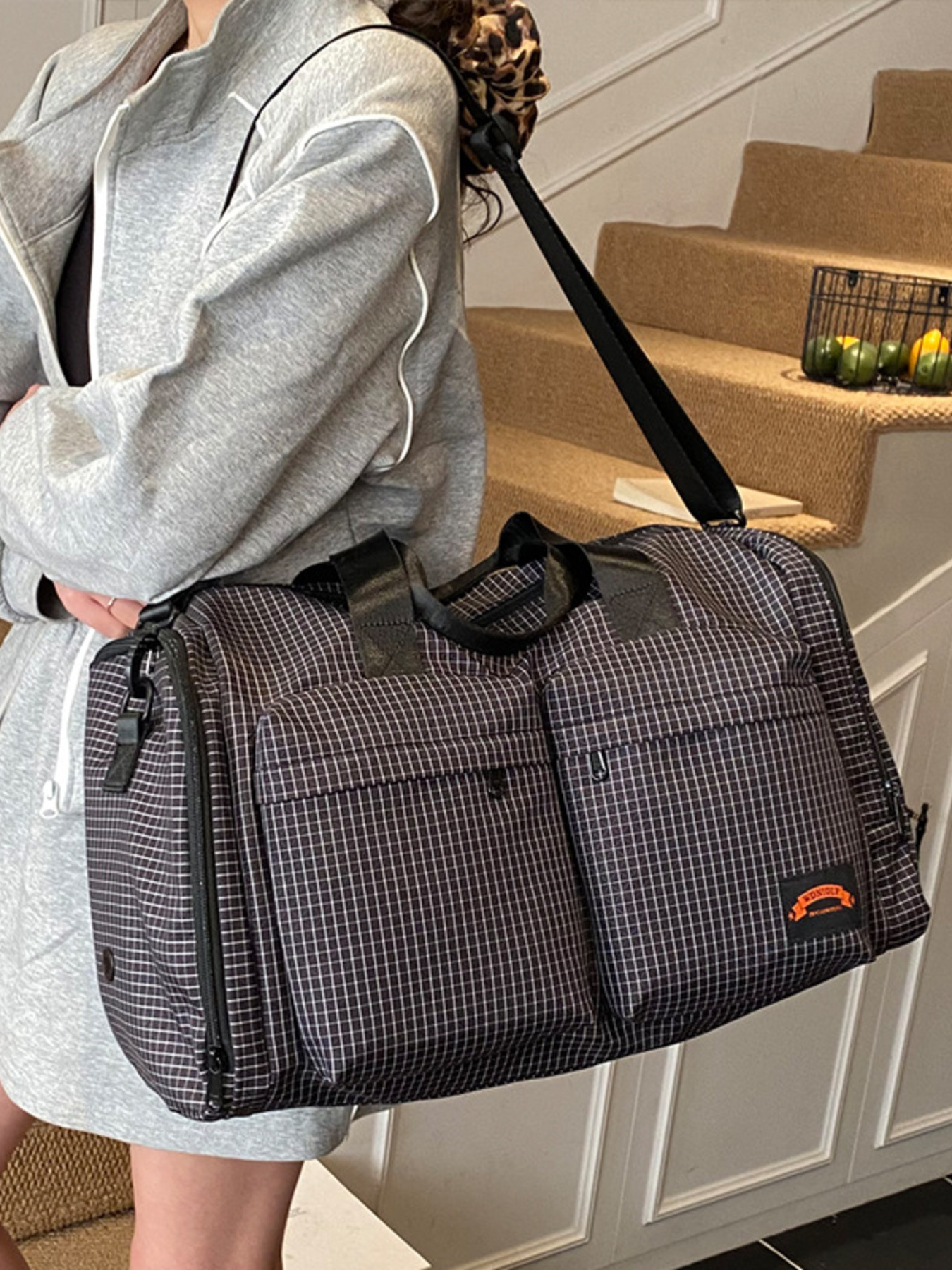 Plaid Duffel Bag with Multiple Pockets 2