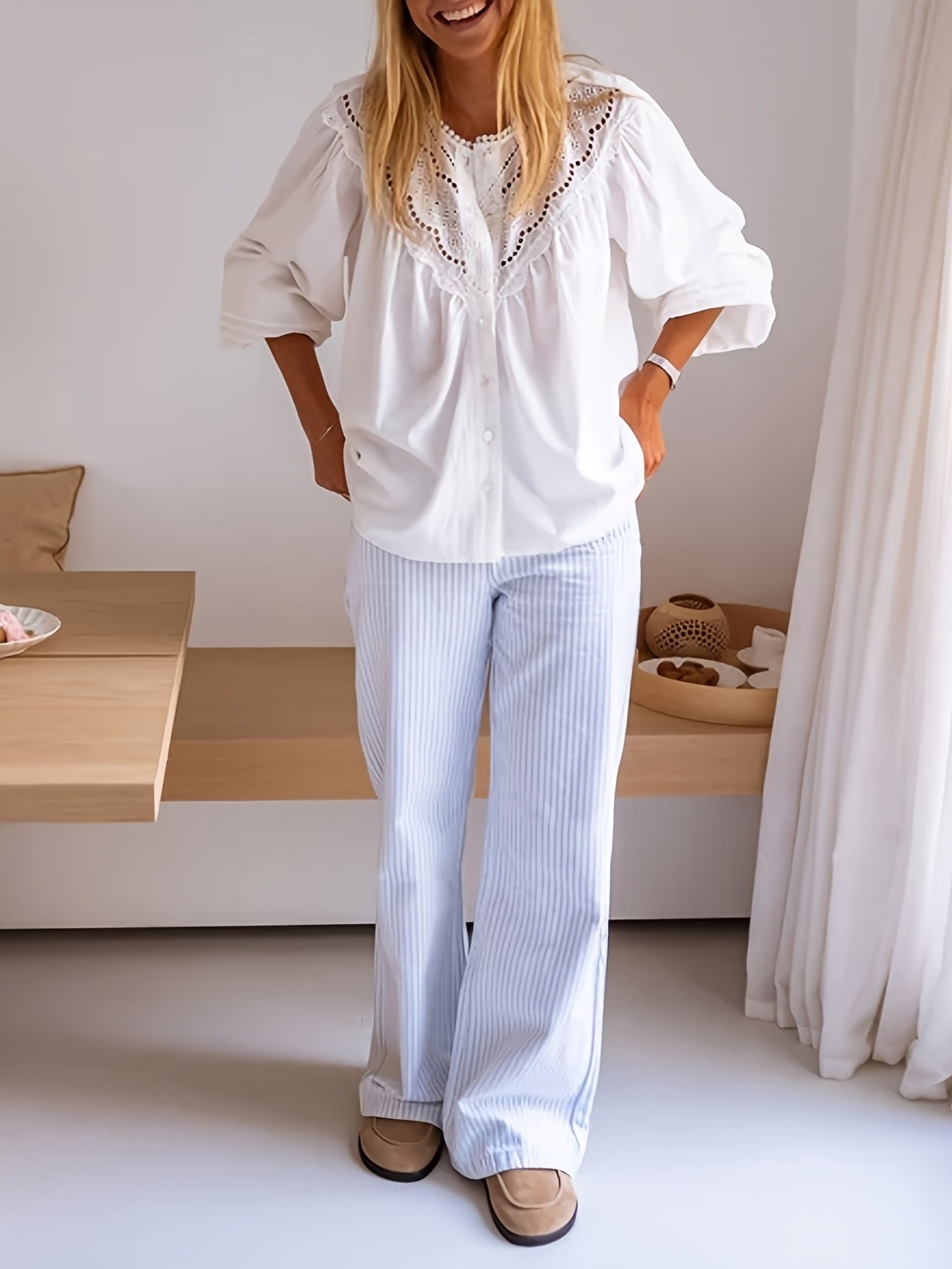 Eyelet Lace Detail Long Sleeve Blouse