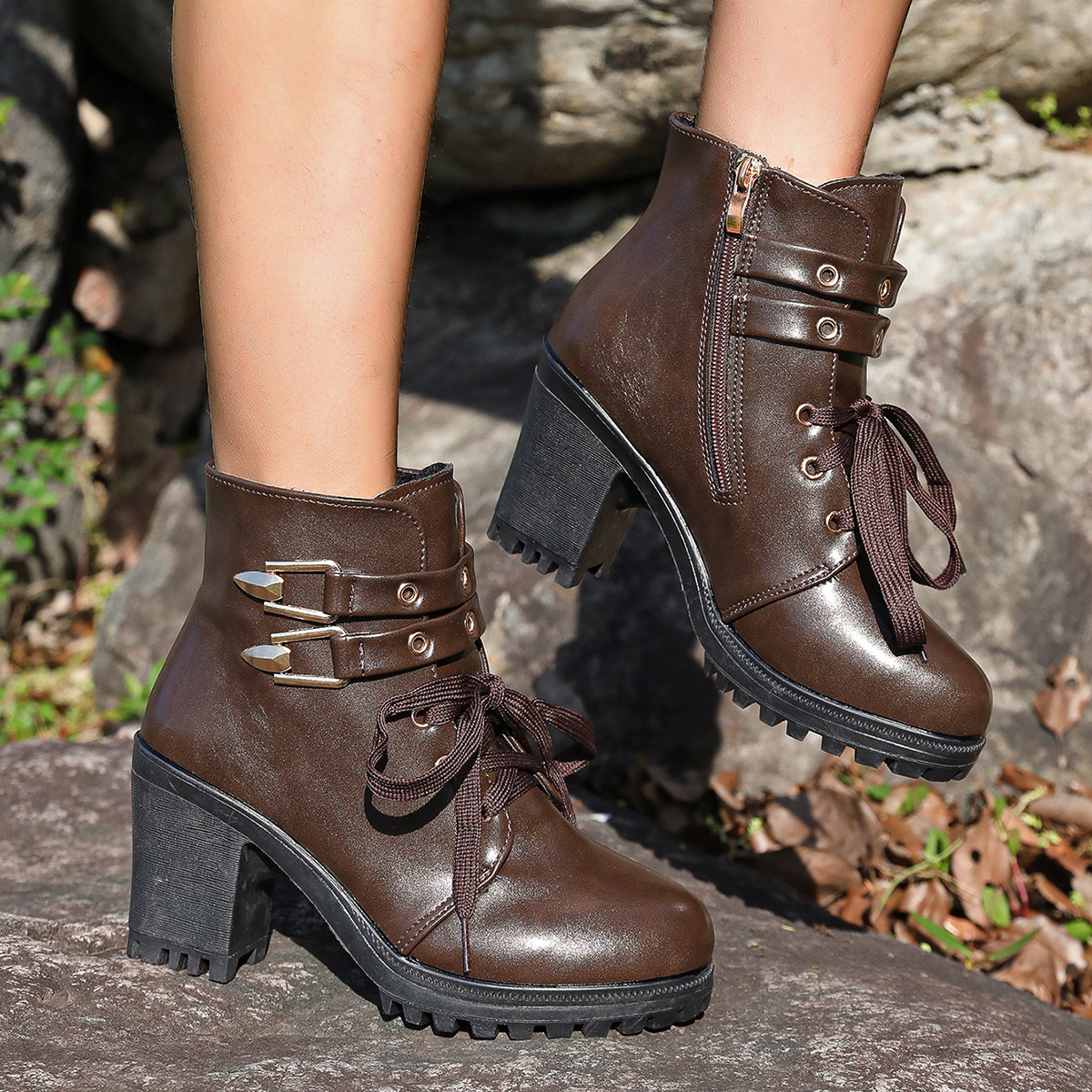 Lace Up Block Heels Boots