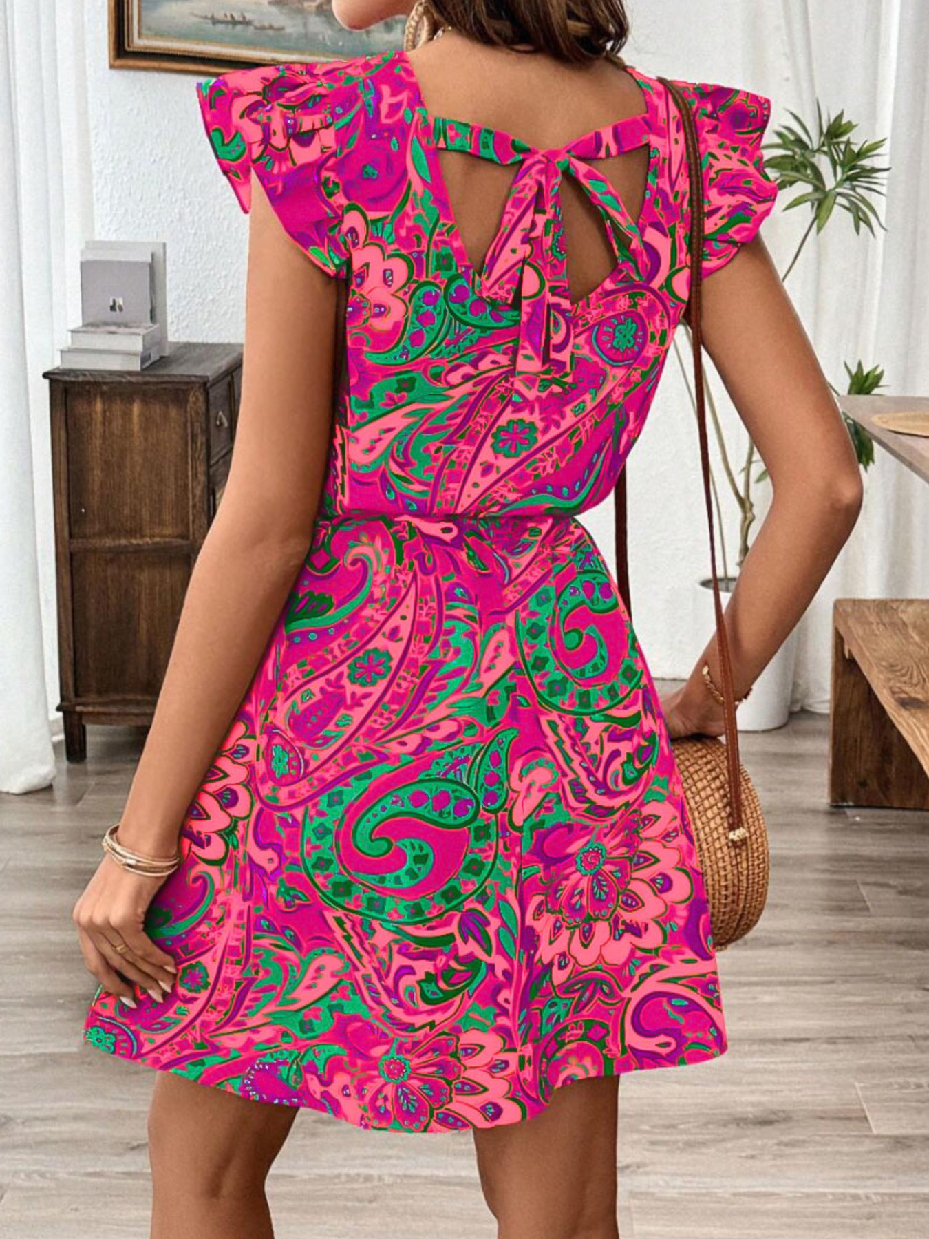 Paisley Print Ruffle Sleeve Mini Dress