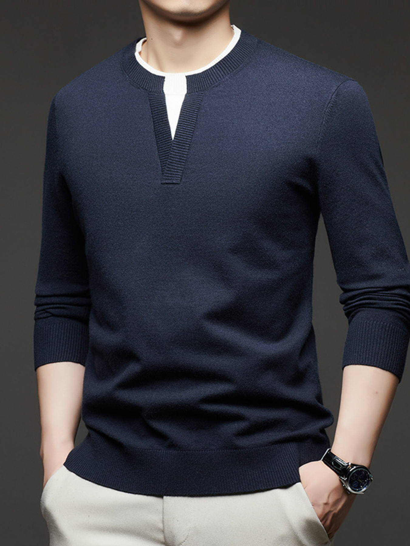 Men's Plus Size Two-Tone Long Sleeve Knit Top