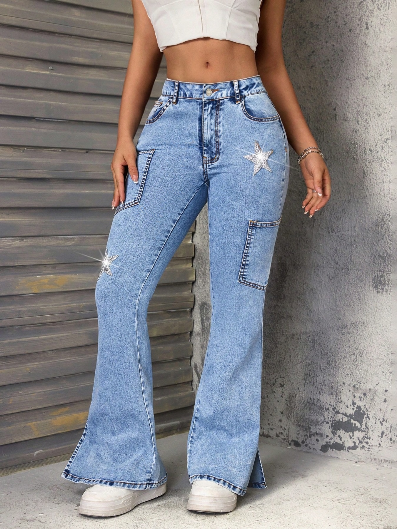 Slit Star Flare Leg Jeans