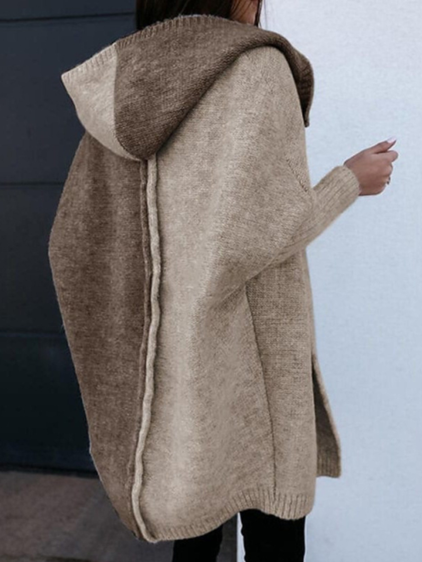 Two-Tone Open Front Knit Hooded Cardigan