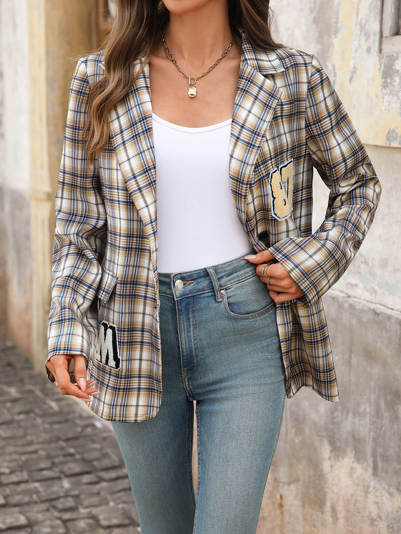 Number 87 Plaid Long Sleeve Blazer