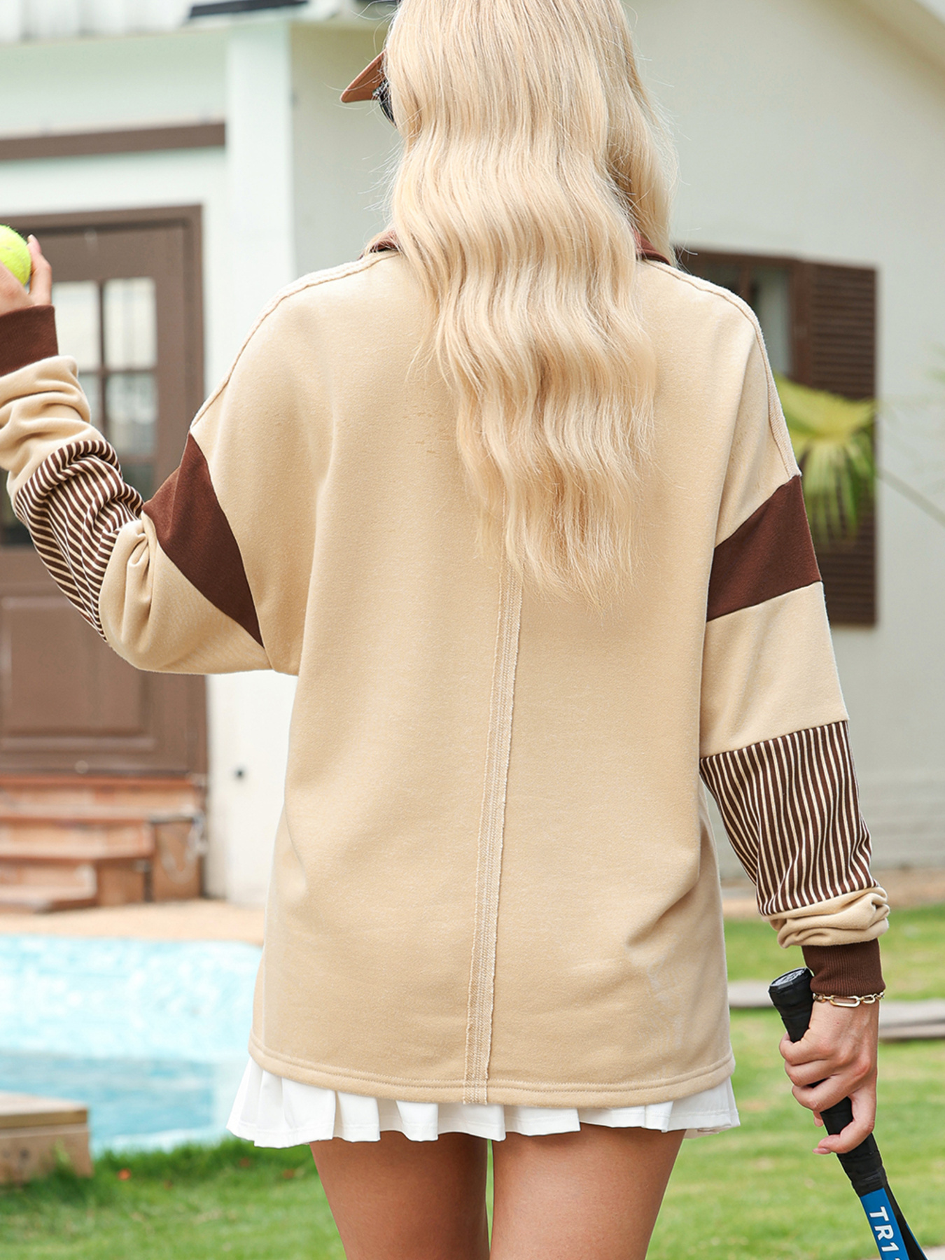 Color Block Striped Patchwork Sequin Rugby Graphic Polo Sweatshirt