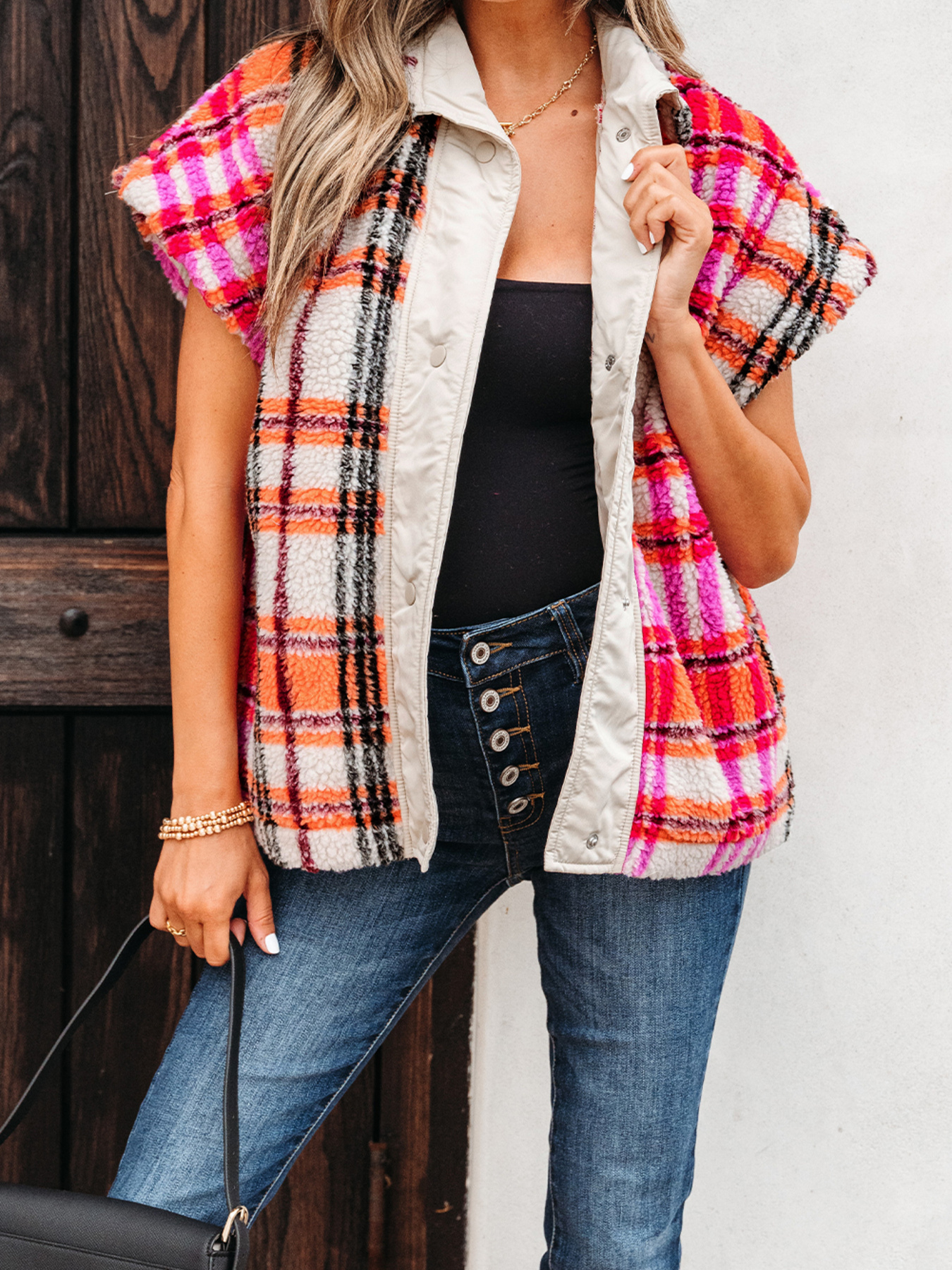 Sherpa Plaid Snap Down Vest Coat