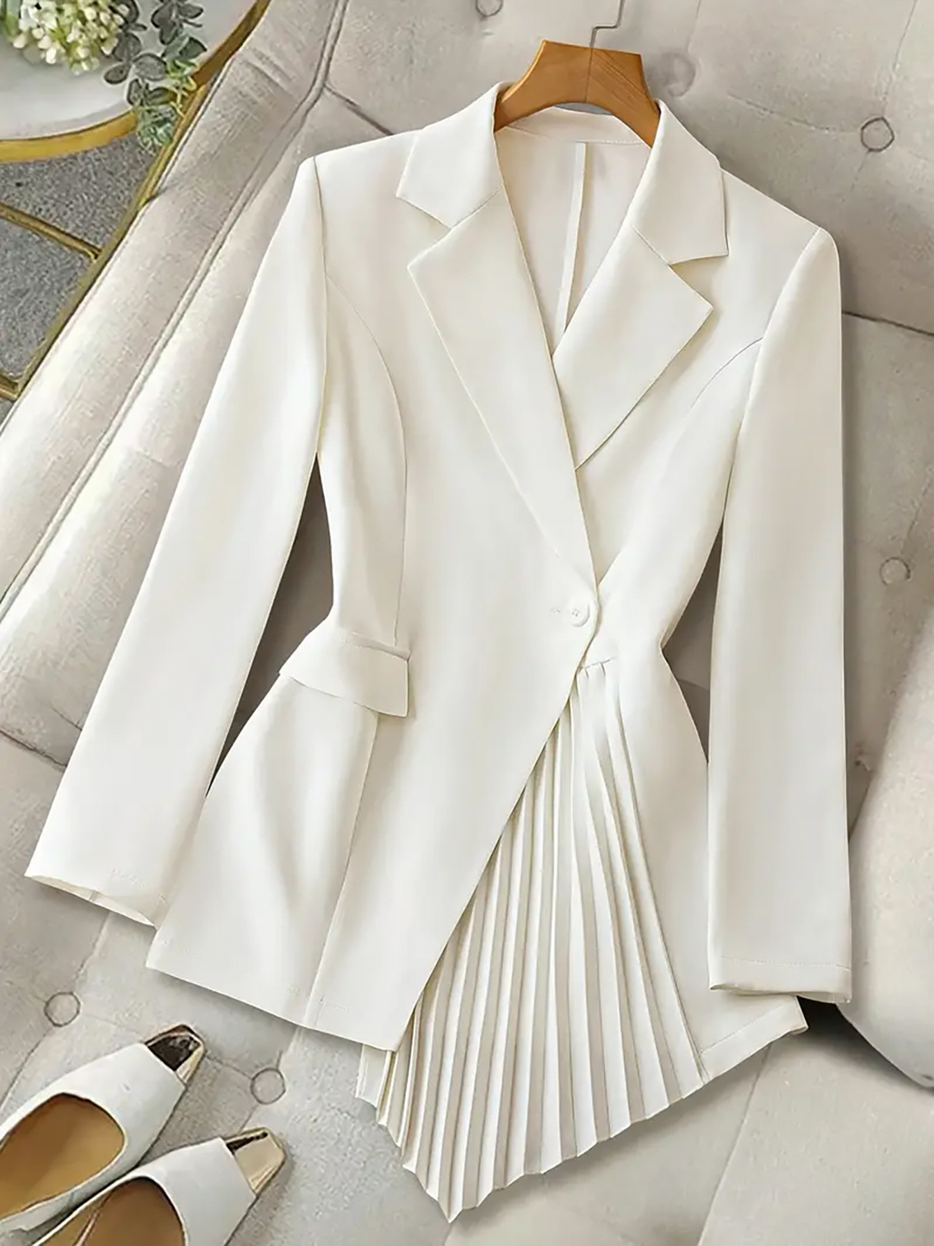 One Button Asymmetric Pleated Hem Blazer