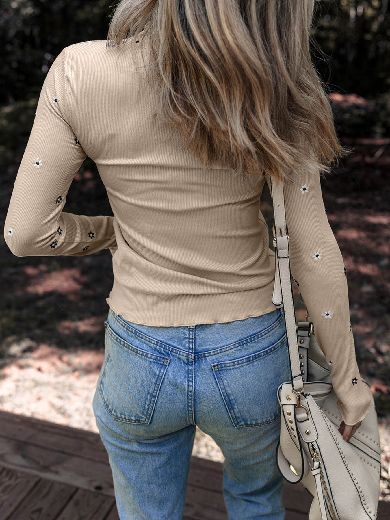 Floral Embroidered Detail Ribbed Long Sleeve Top