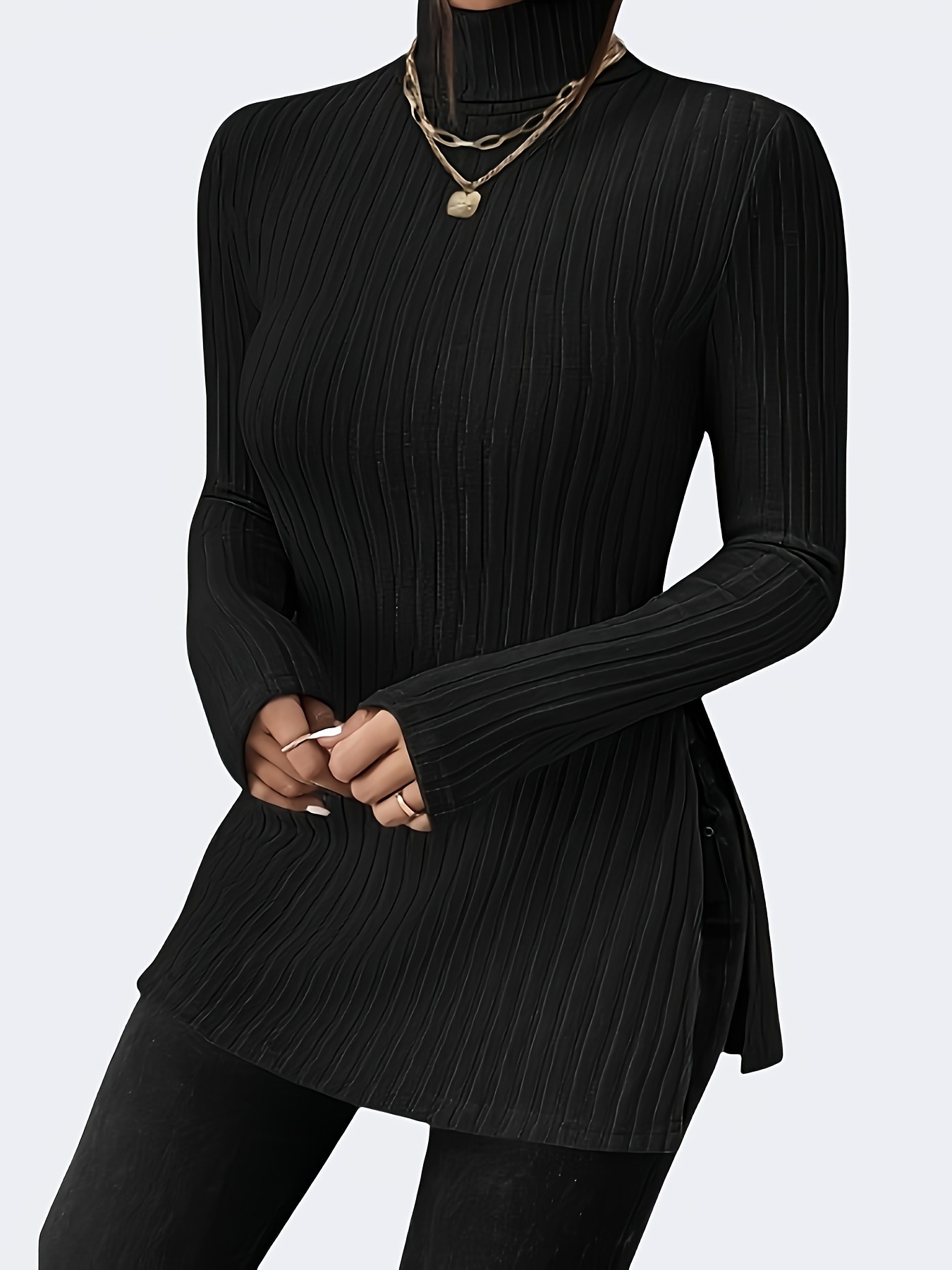 Plus Size Slit Ribbed Turtleneck Long Sleeve T-Shirt