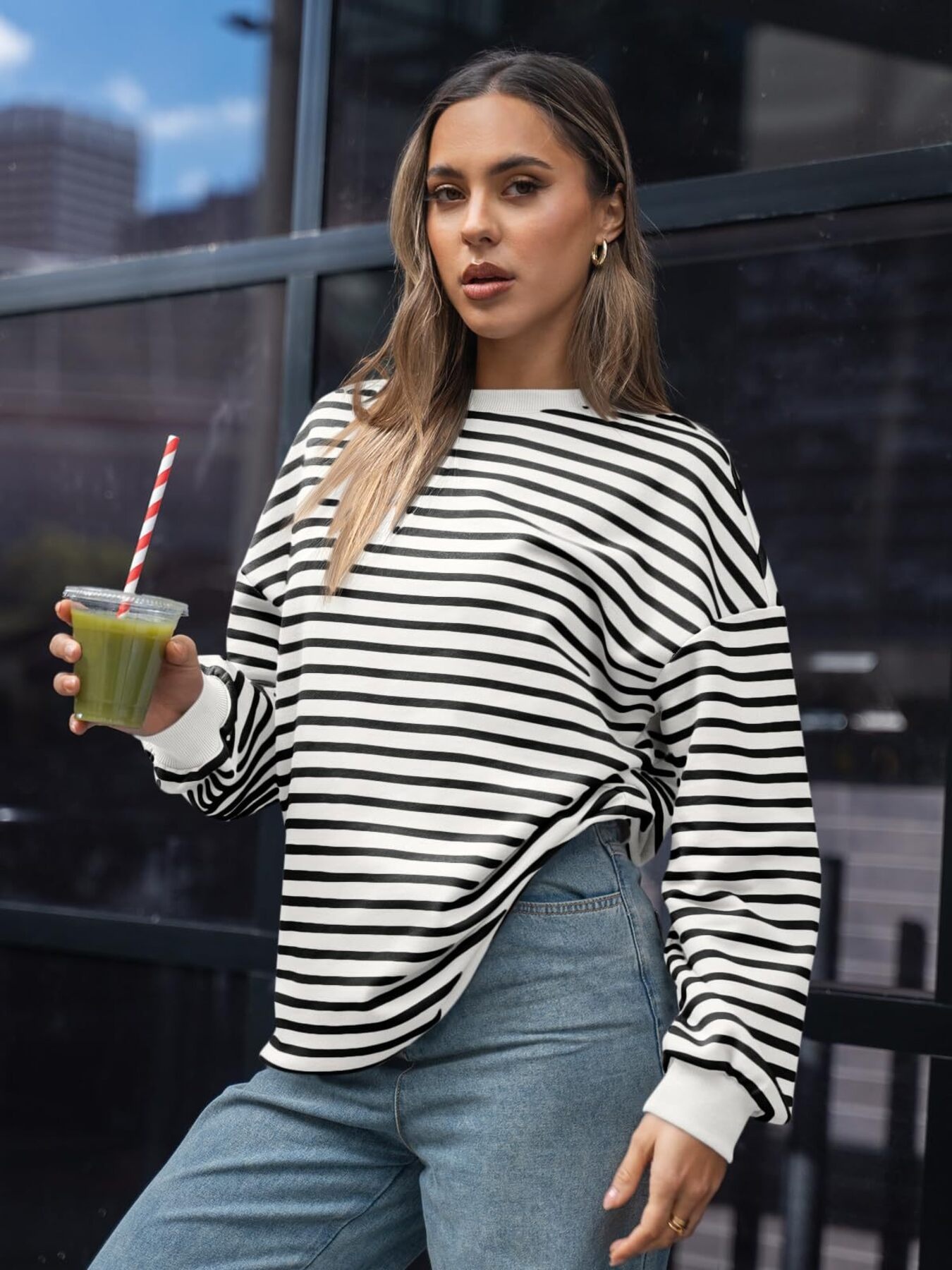 Striped Round Neck Oversized Casual Sweatshirt