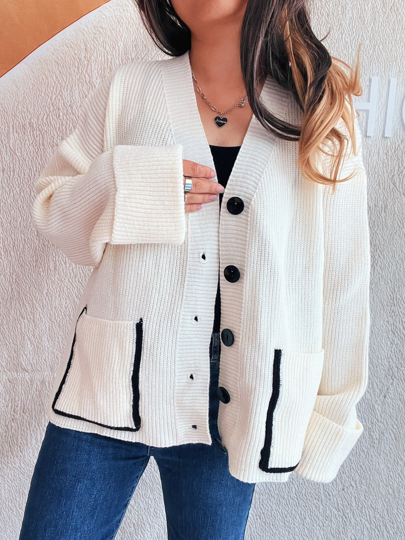 Button-Front Ribbed Cardigan with V-Neck