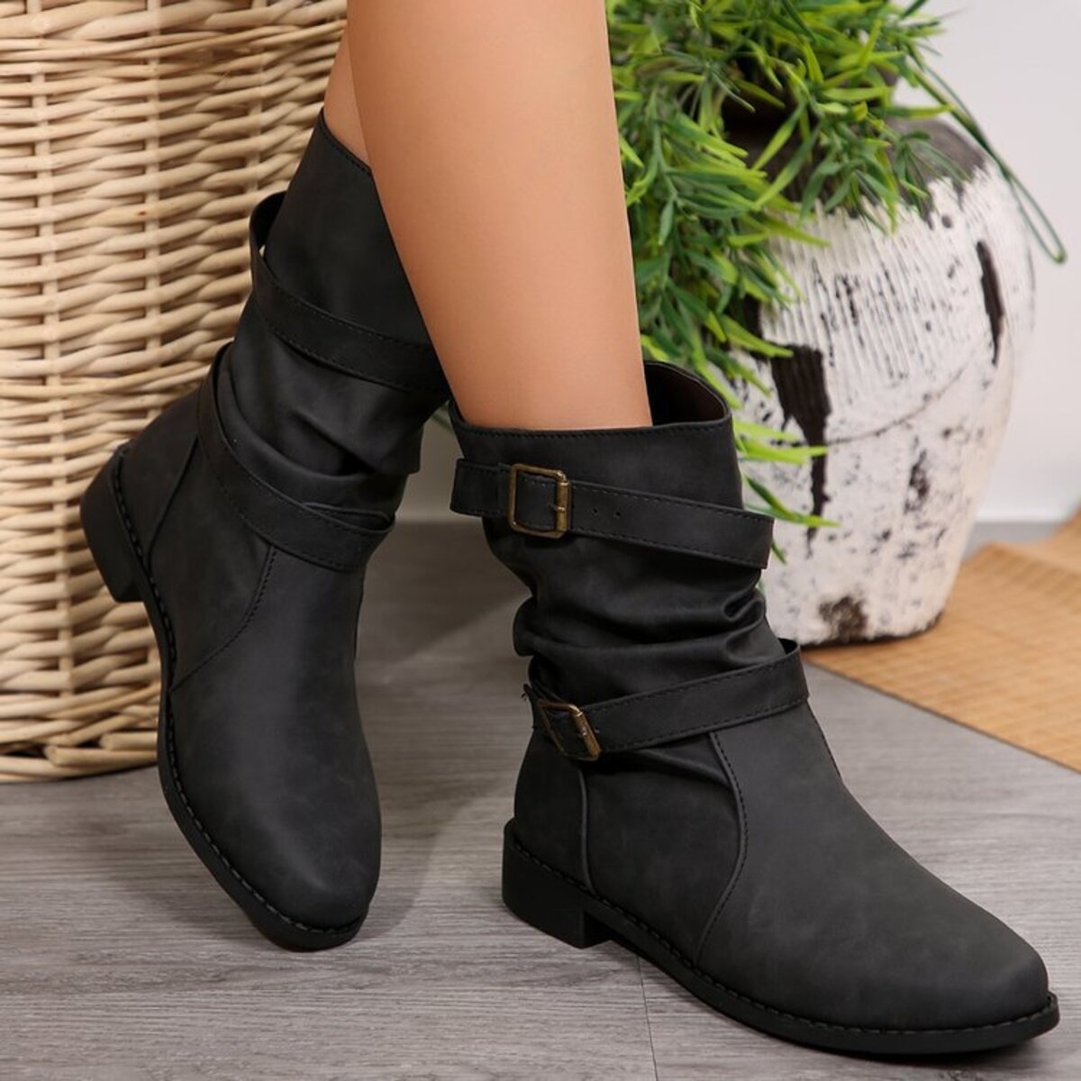 Buckled Low Heel Boots