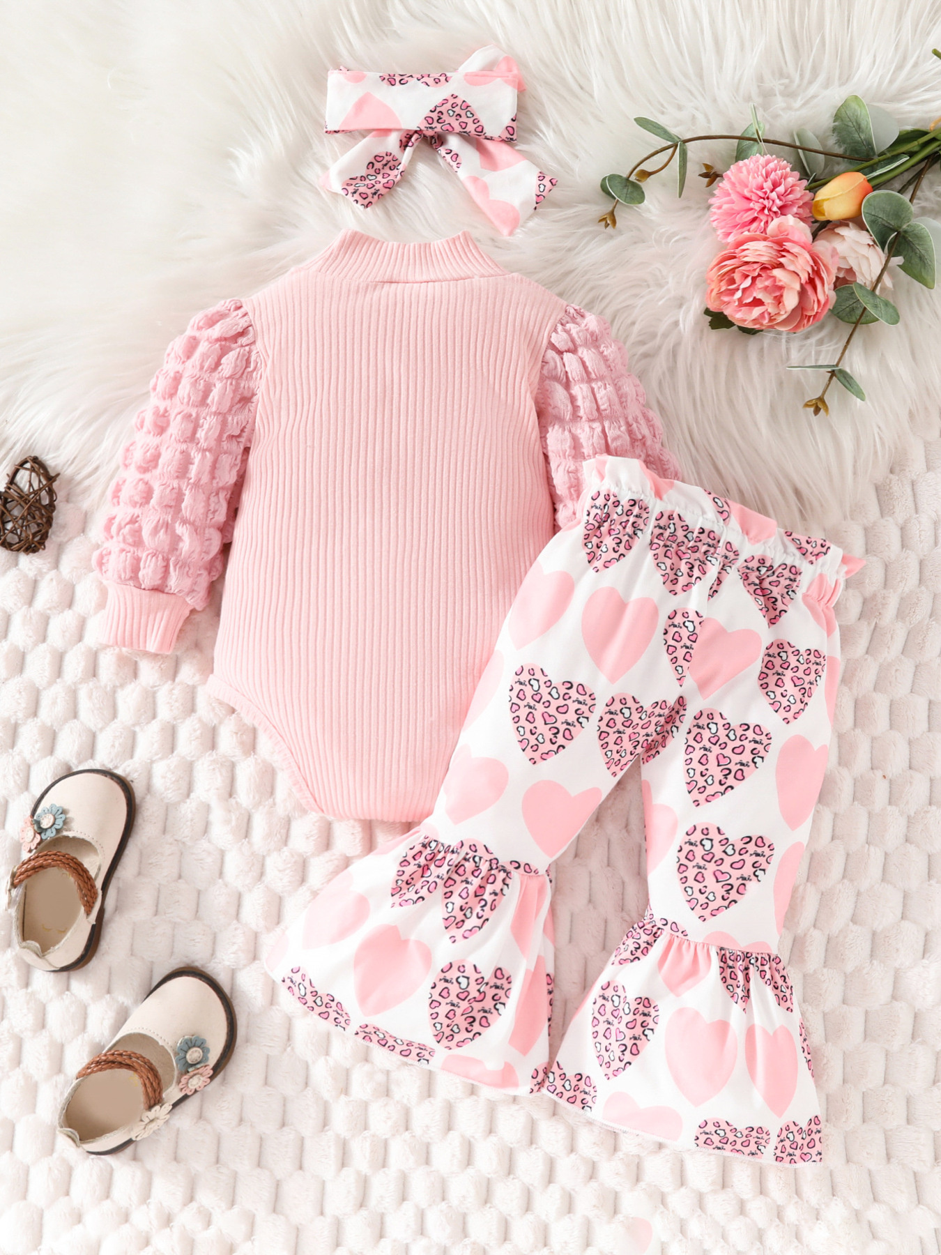 Children's Bubble Texture Long Sleeve Top and Pants Set with Headband
