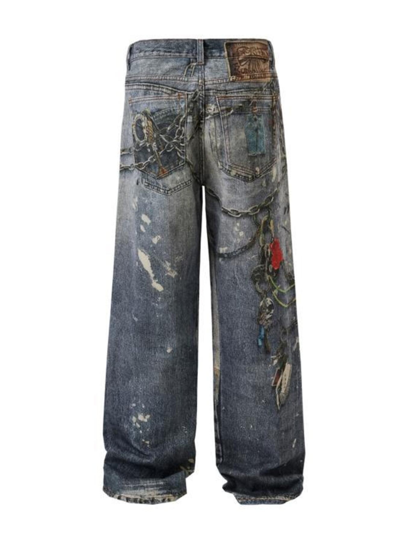Men's Distressed Printed Wide Leg Jeans