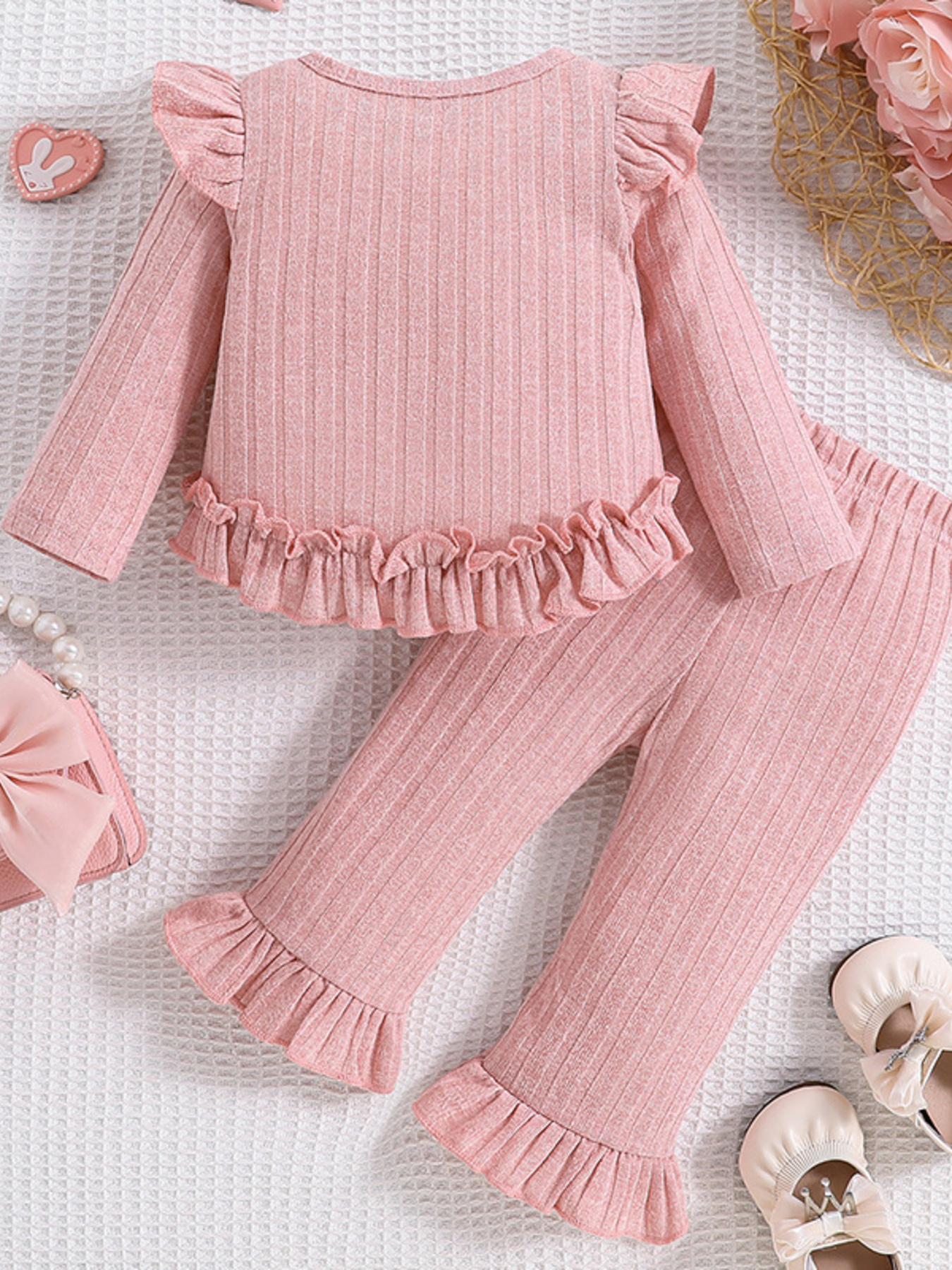 Children's Ribbed Ruffle Trim Top and Pants Set