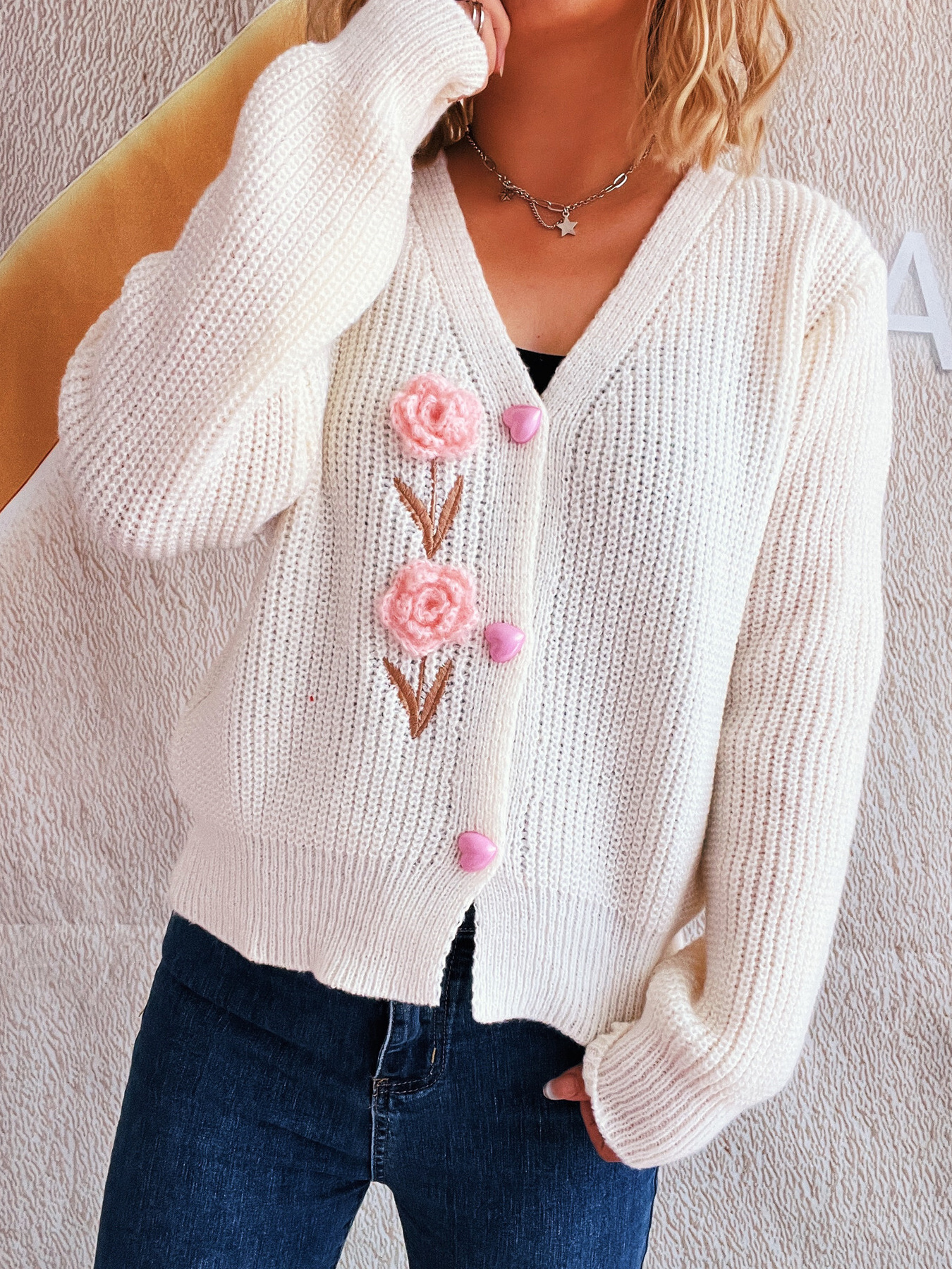 Flower V-Neck Button Up Cardigan