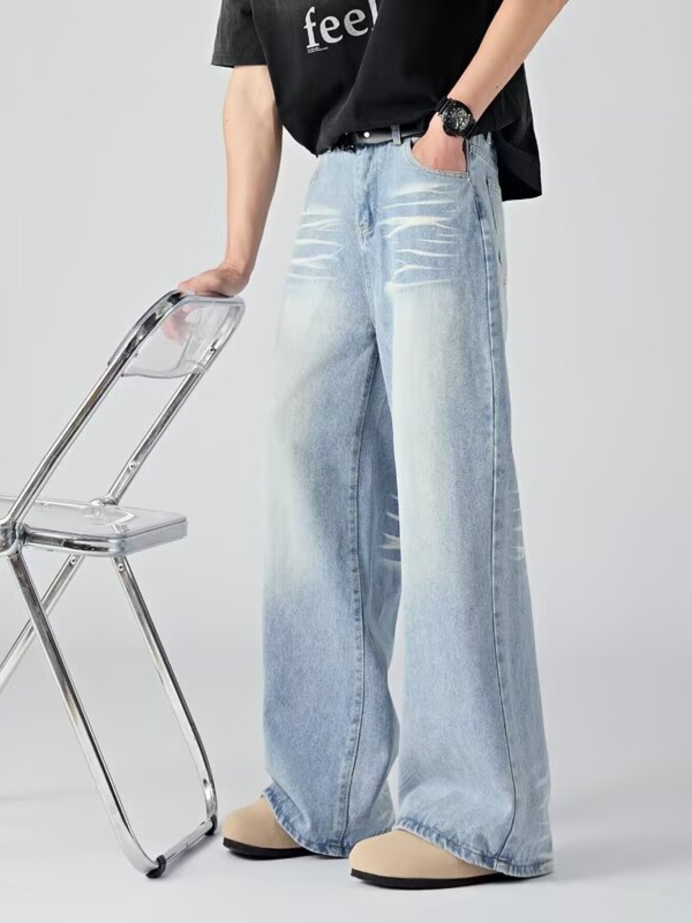 Men's Plus Size Wide Leg Wash Jeans