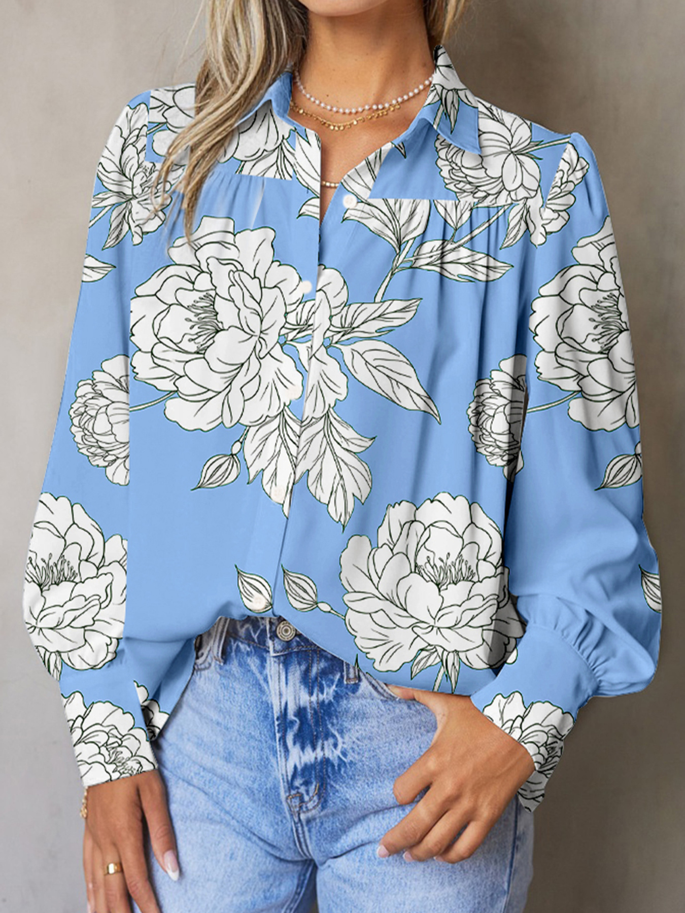 Floral Print Button Up Pleated Detail Puff Sleeve Shirt