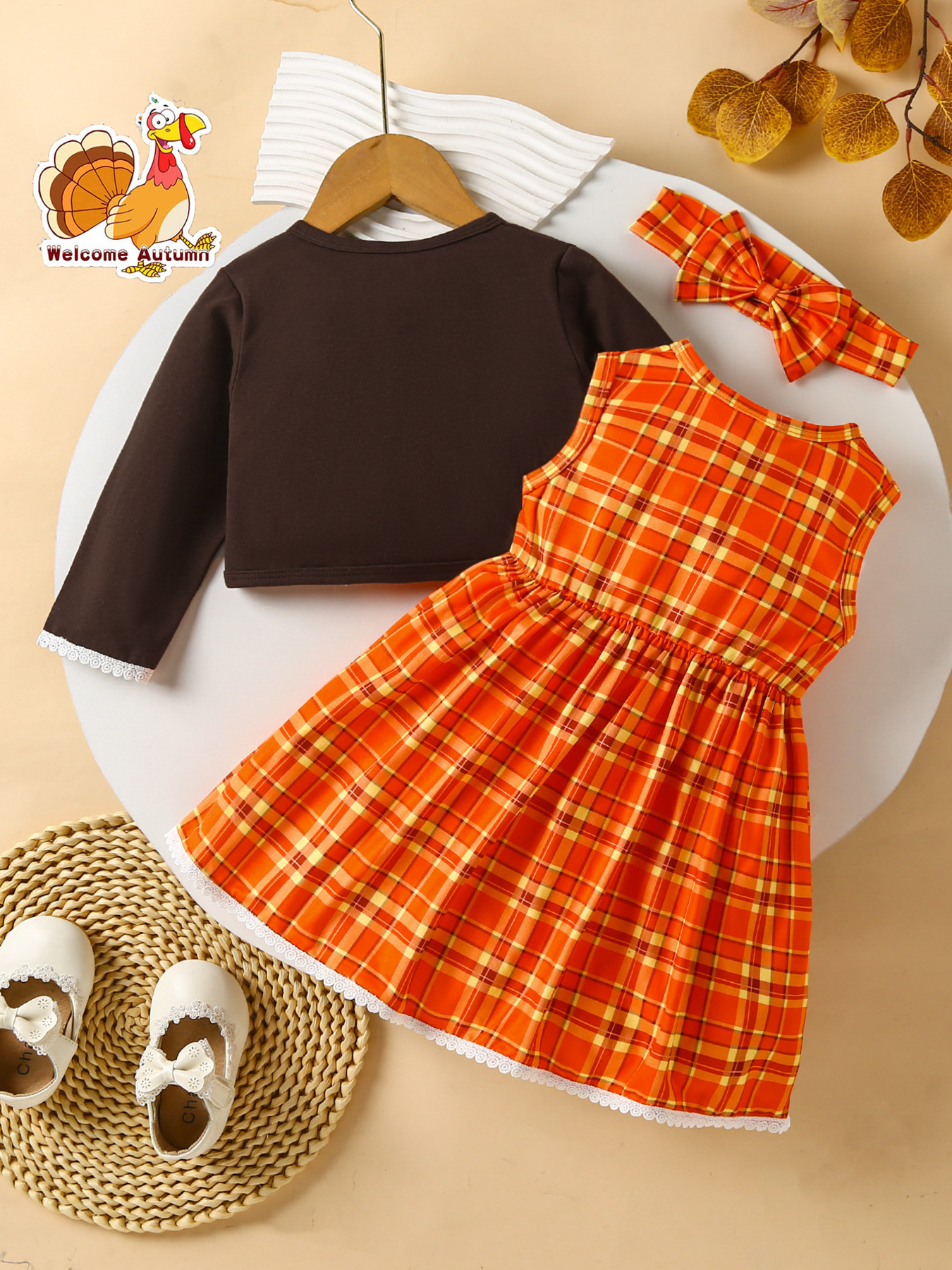 Children's Plaid Turkey Embroidered Bowknot Dress 3 Piece Set