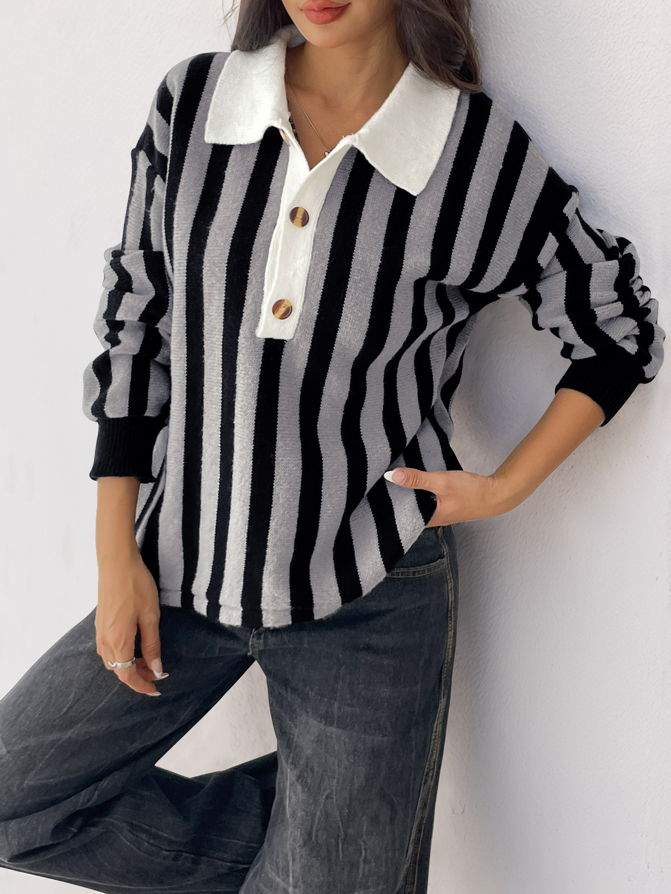 Striped Button Front Long Sleeve Sweater