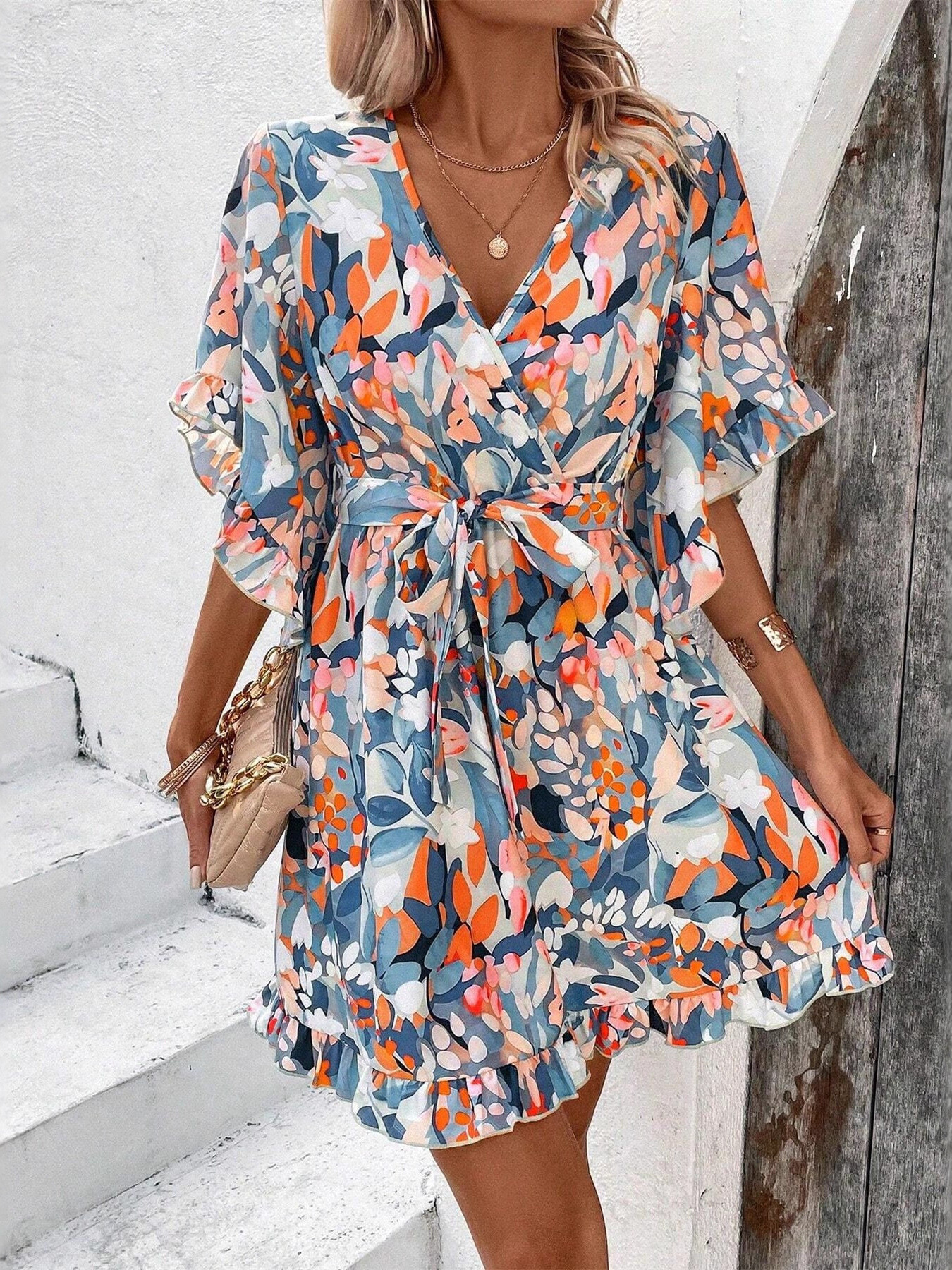 Printed Surplice Half Sleeve Dress