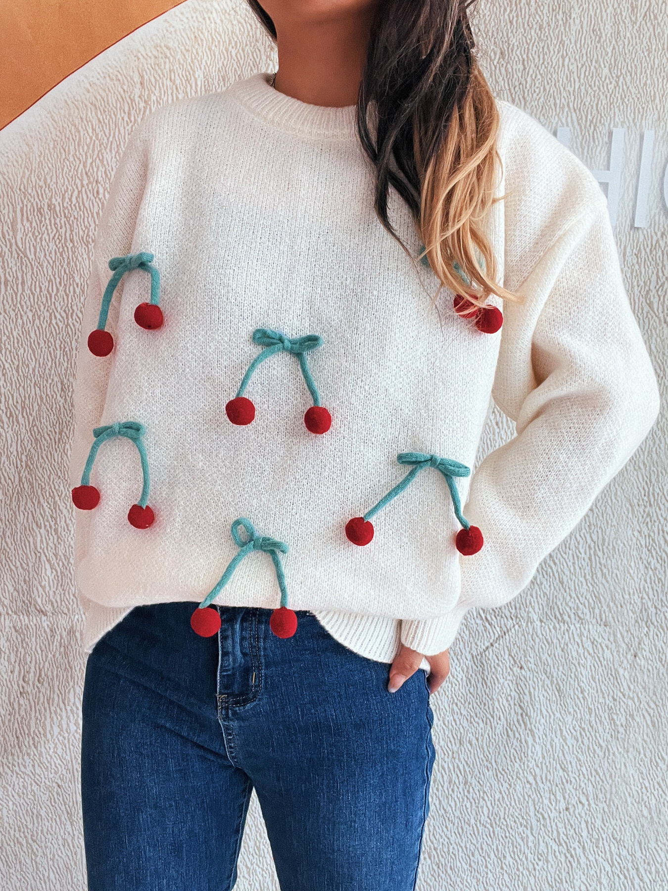 Cherry Round Neck Long Sleeve Sweater