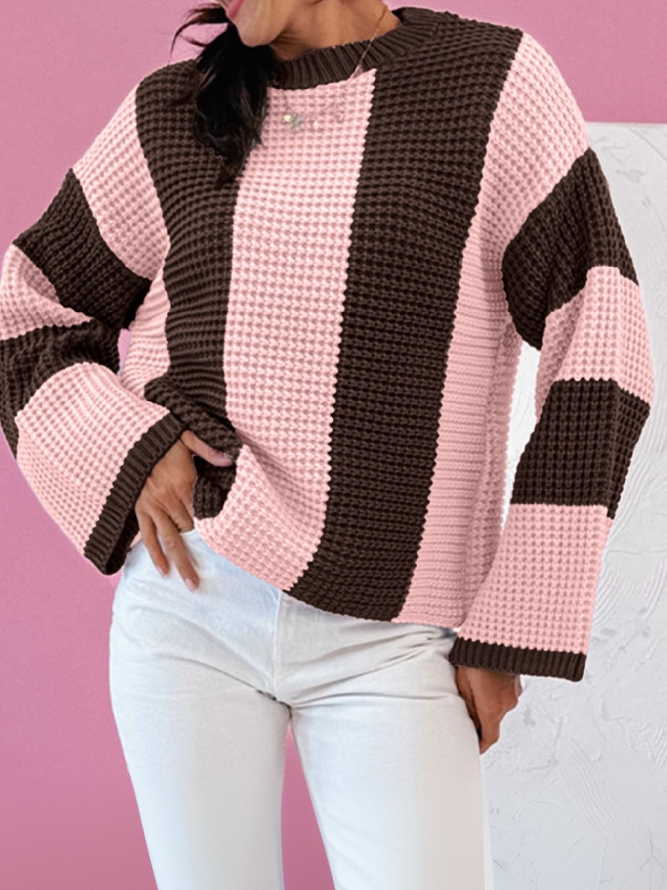 Striped Color Block Waffle Knit Sweater