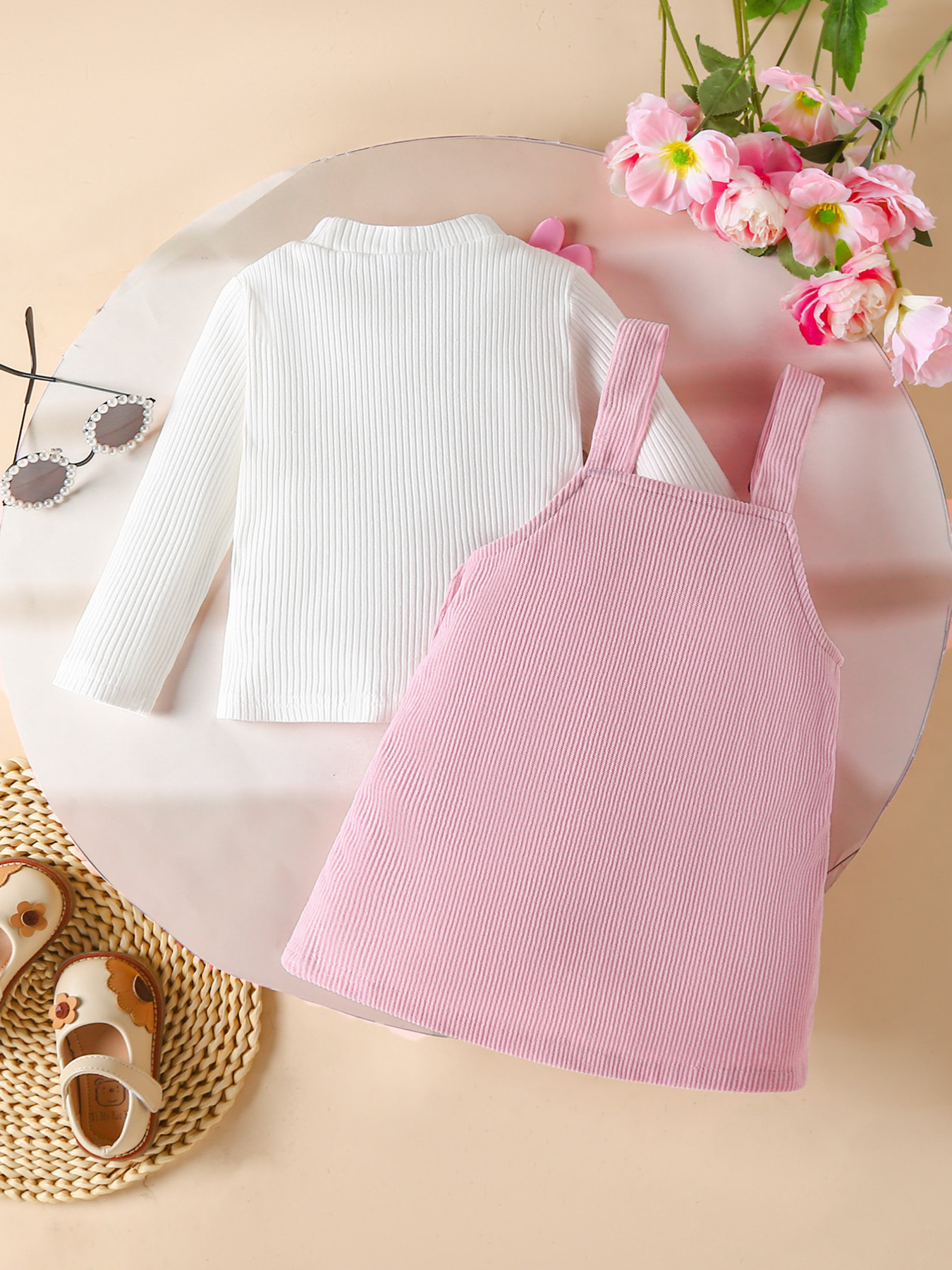 Children's Heart Decor Corduroy Overall Dress & Ribbed Top Set