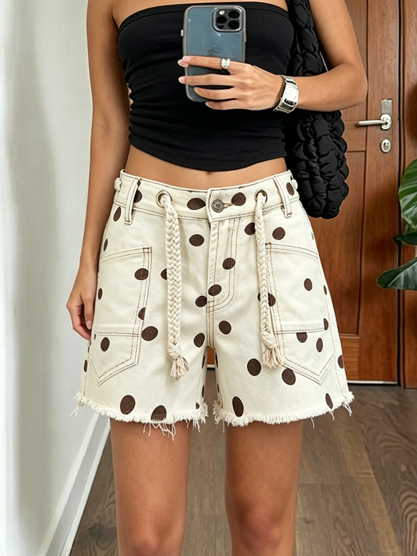 Polka Dot Denim Shorts with Braided Drawstring
