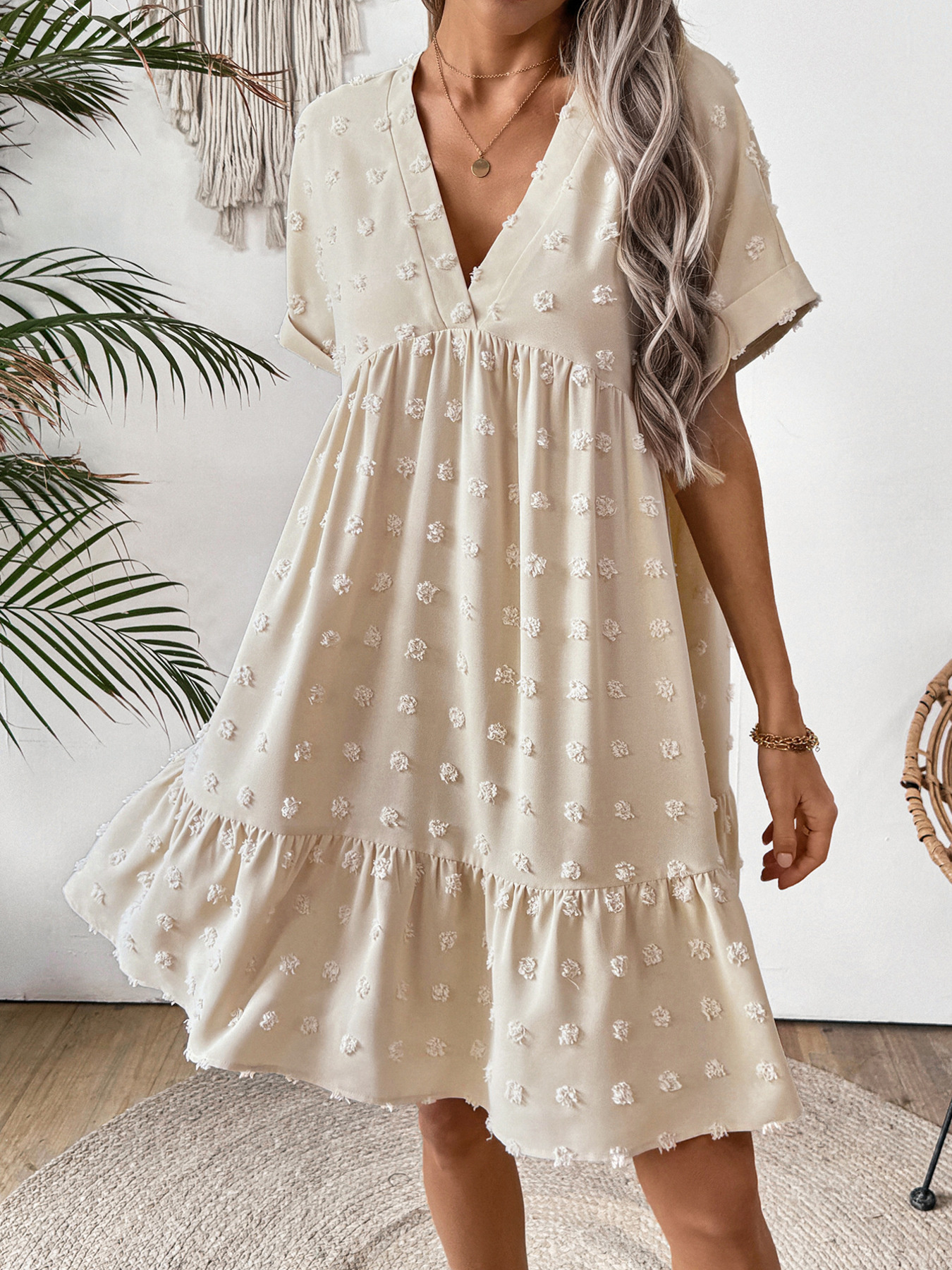 Ruffled Hem Swiss Dot Mini Dress