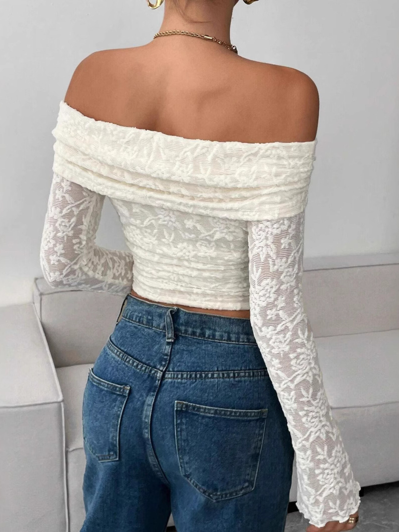 Off Shoulder Long Sleeve Lace Top