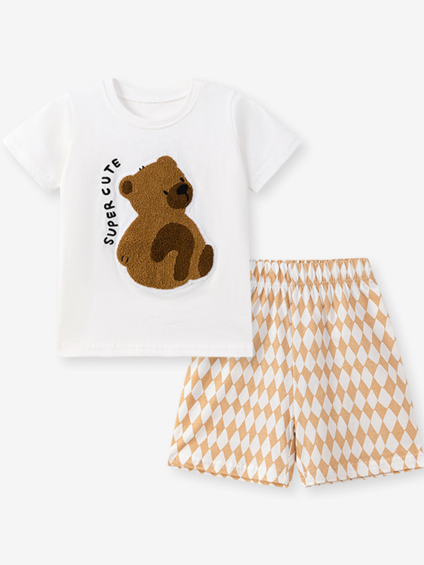 Children's Bear Graphic Tee & Diamond Pattern Shorts Set