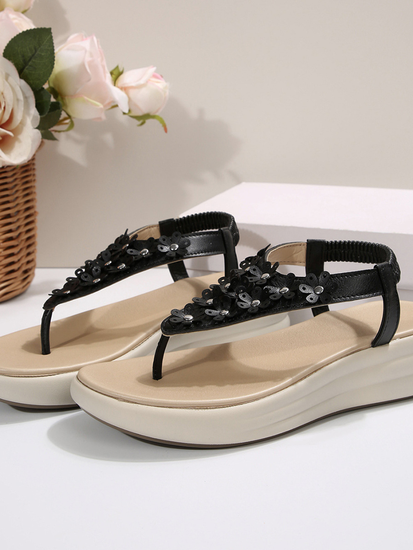 Studded T-Strap Wedge Sandals