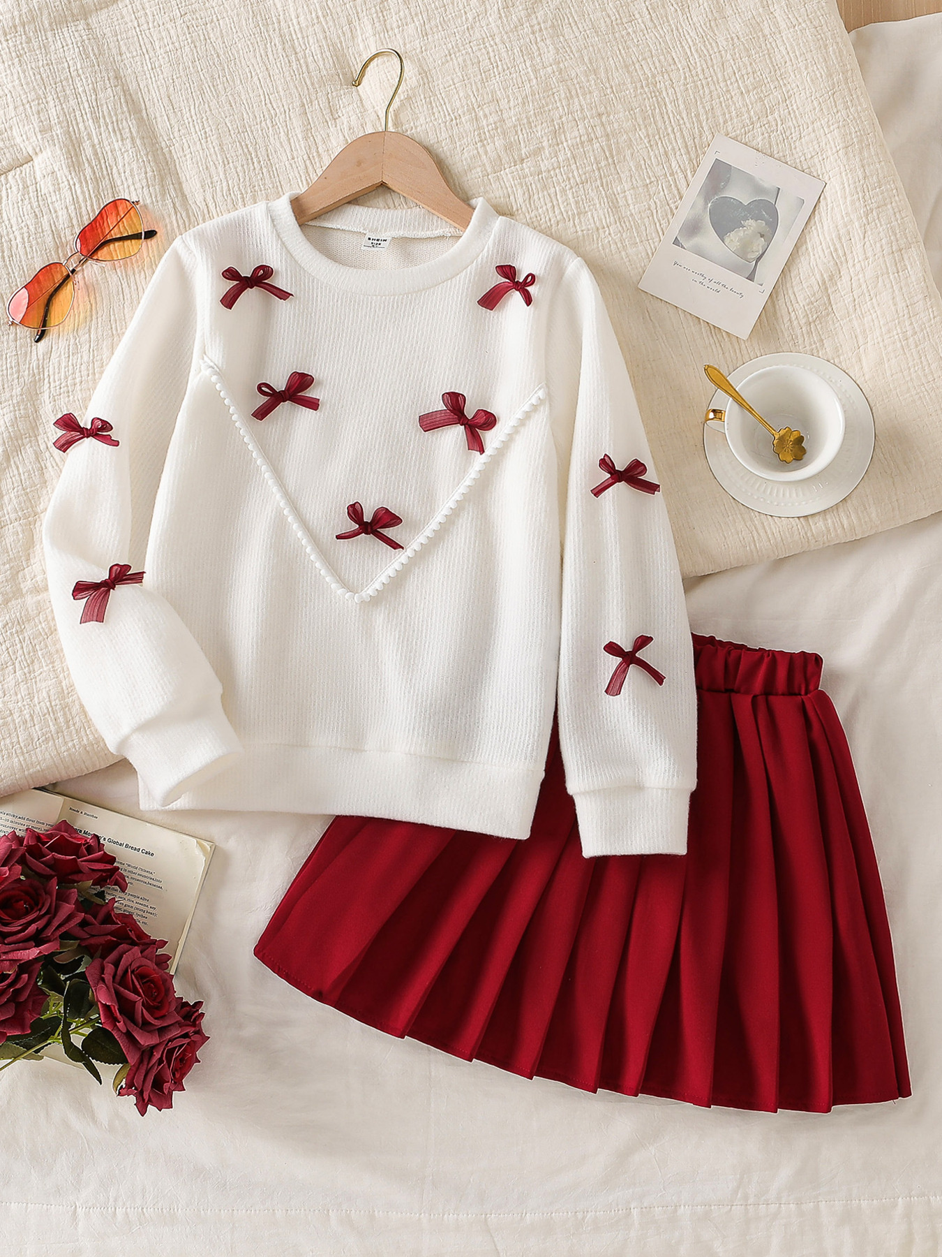 Children's Bow Long Sleeve Top and Skirt Set