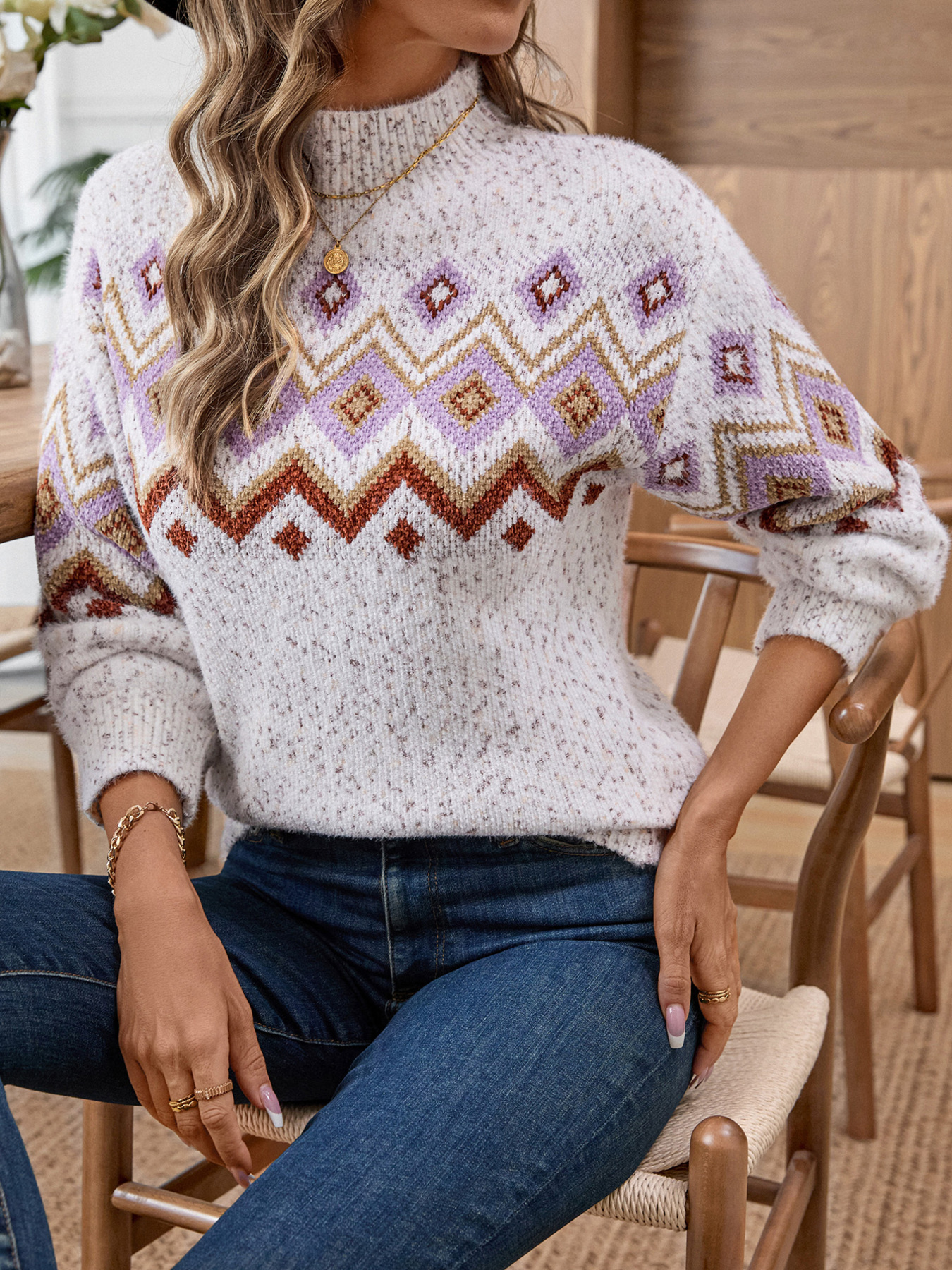 Geometric Mock Neck Long Sleeve Sweater
