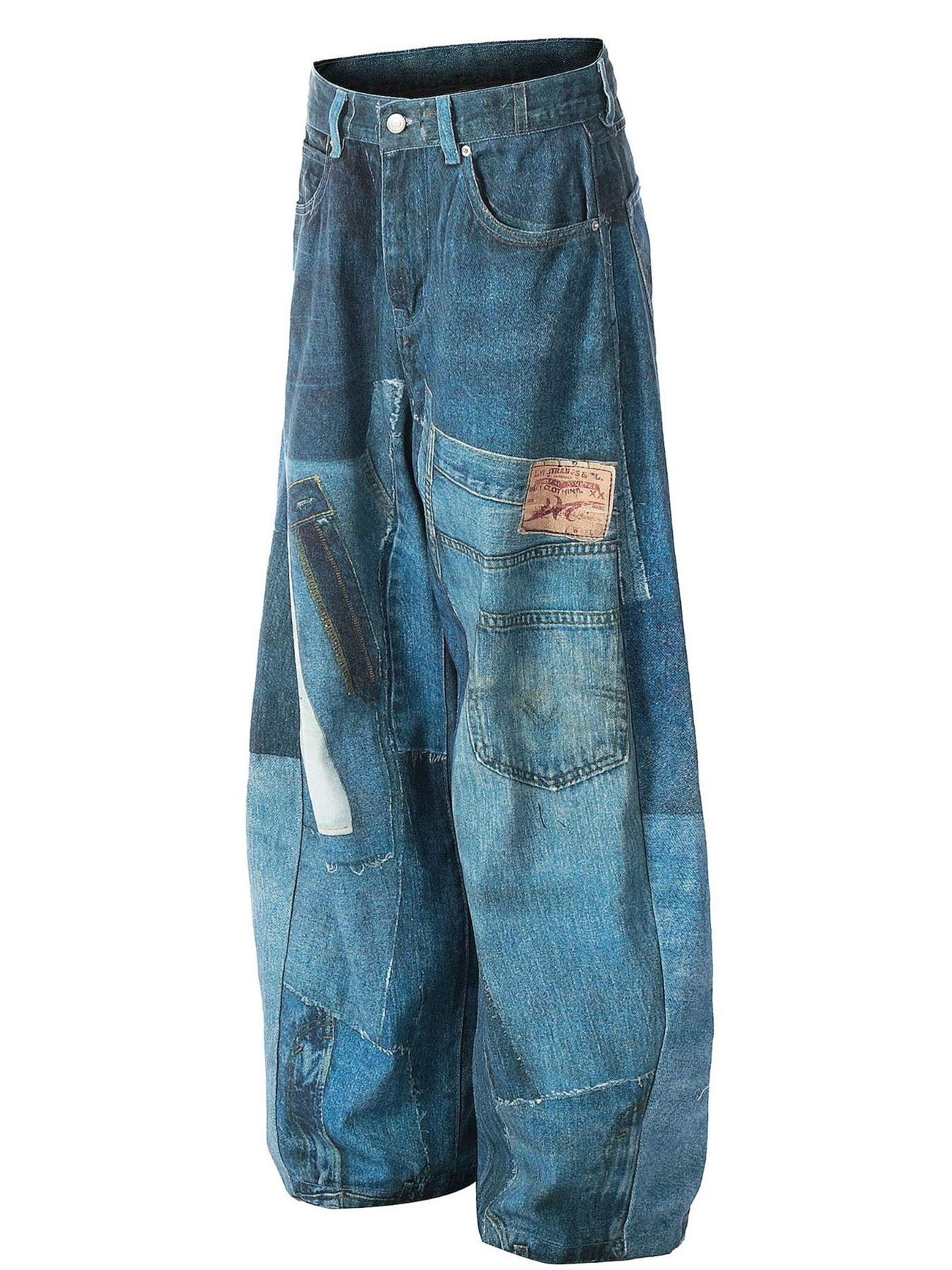 Men's Washed Patchwork Wide Leg Curved Jeans