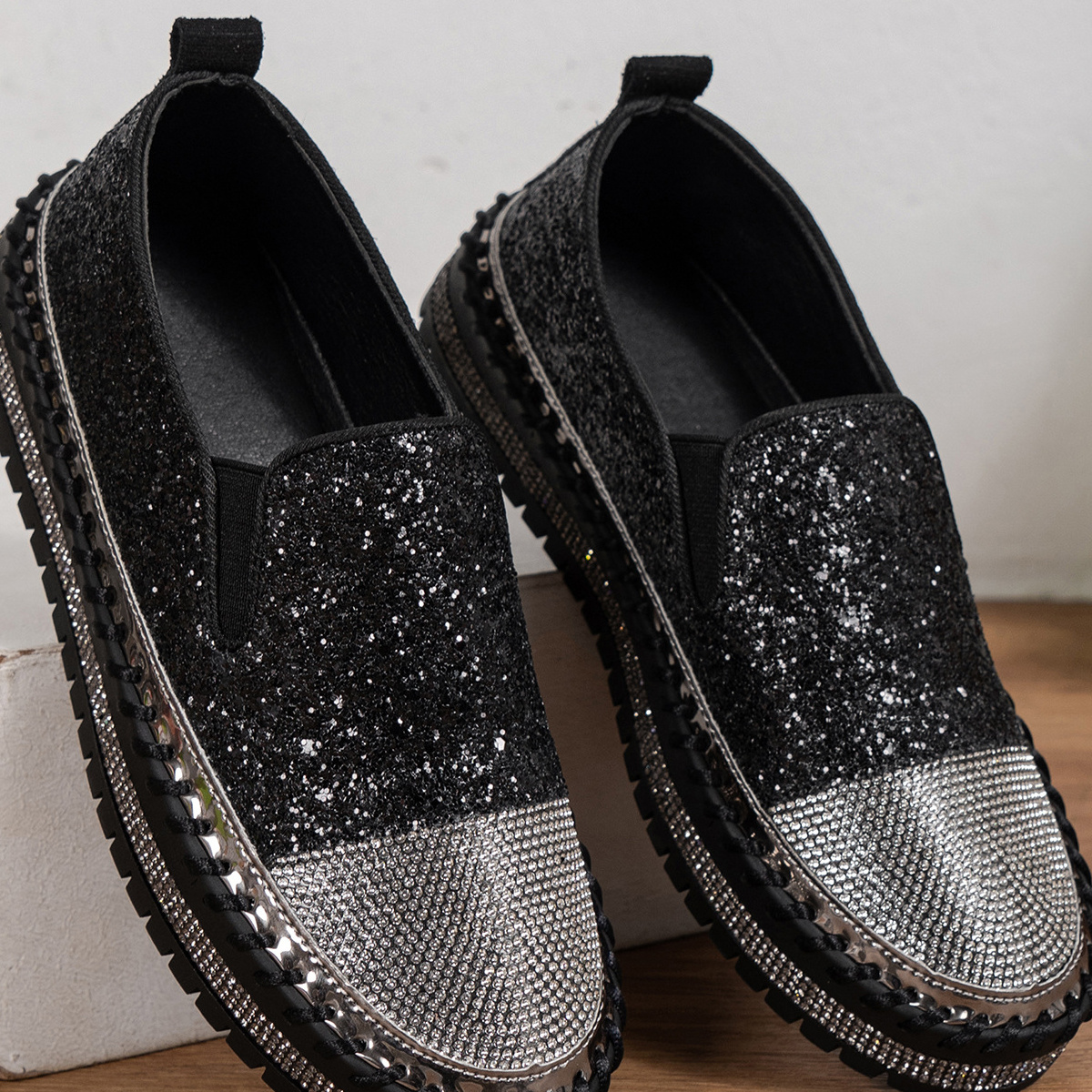 Rhinestone Sequin Round Toe Platform Loafers