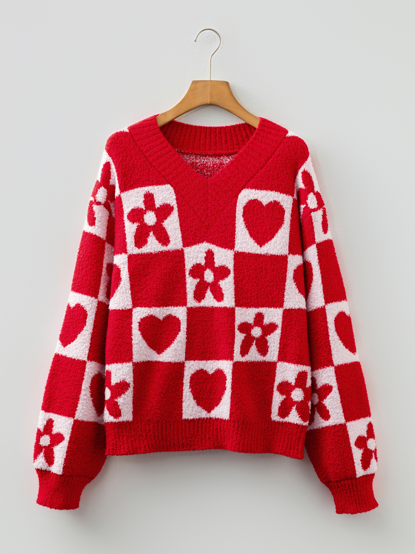 Floral Heart Checkered V-Neck Sweater