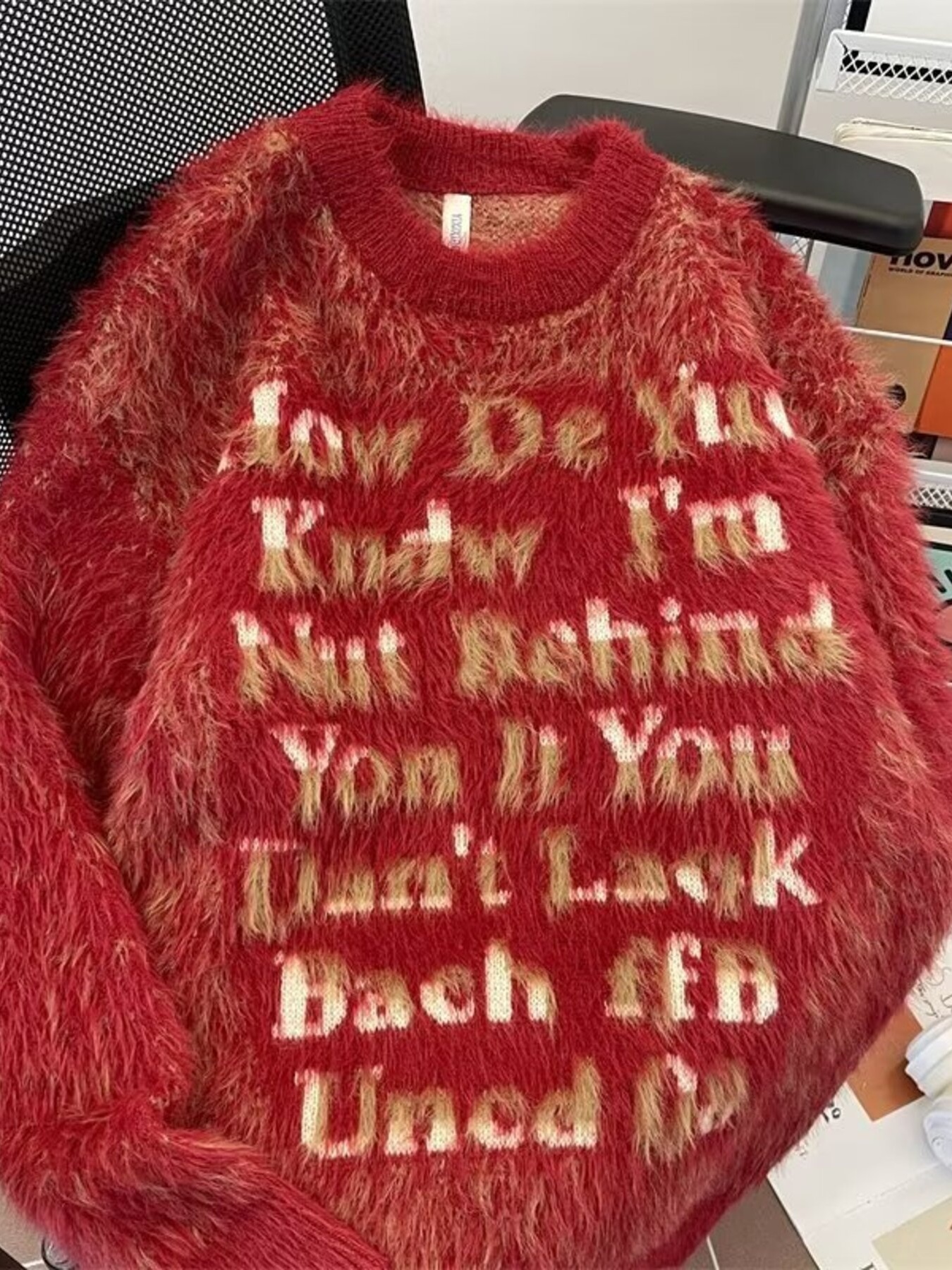 Men's Letter Fuzzy Round Neck Sweater