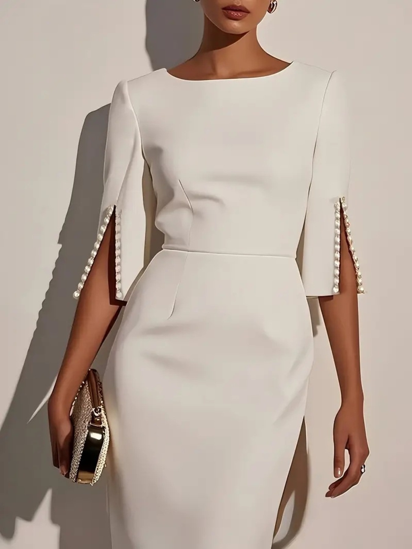 Slim-Fit Elegant Midi Dress with Beaded Slit Sleeve