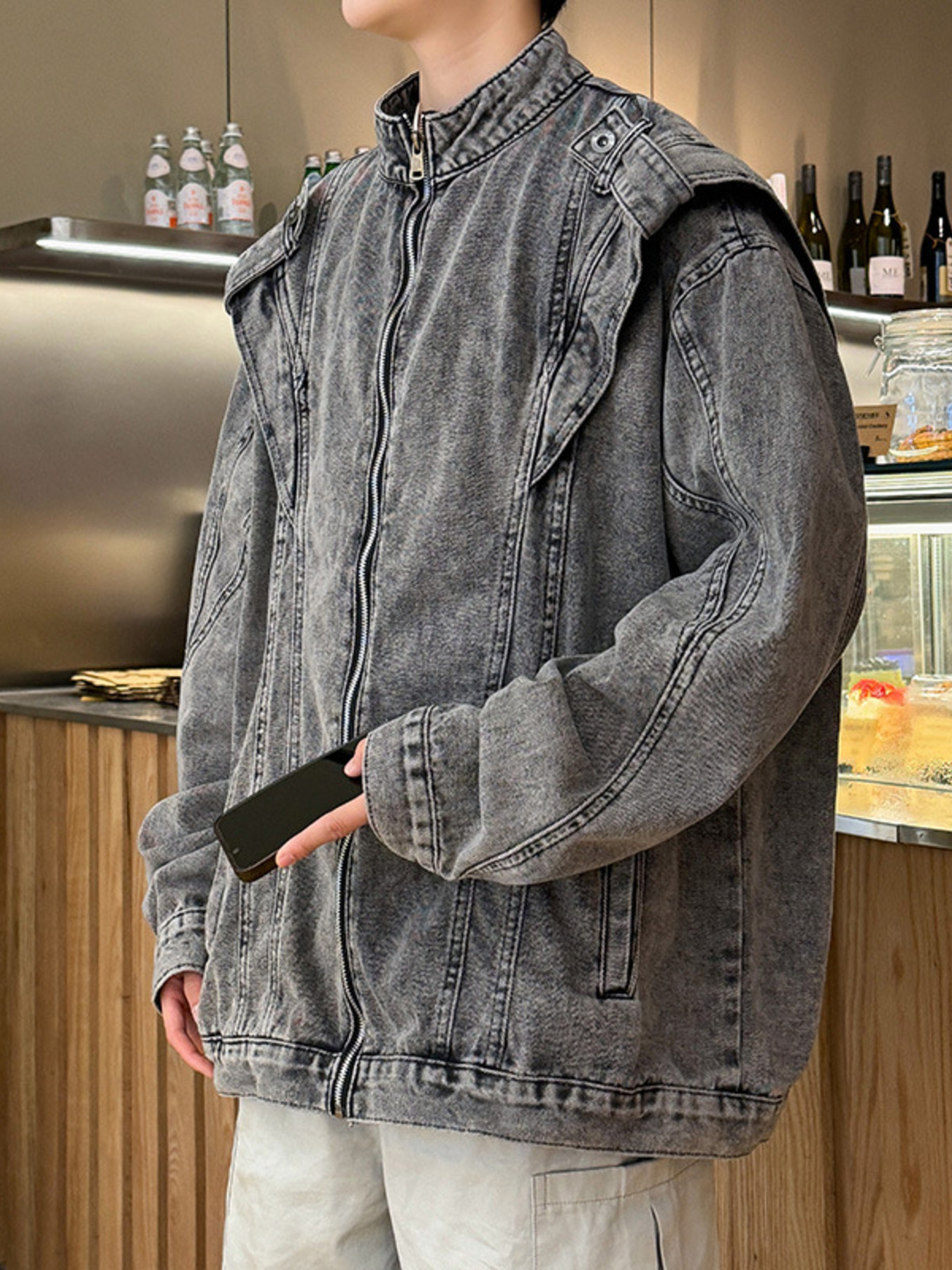 Men's Plus Size Zip Up Long Sleeve Denim Jacket