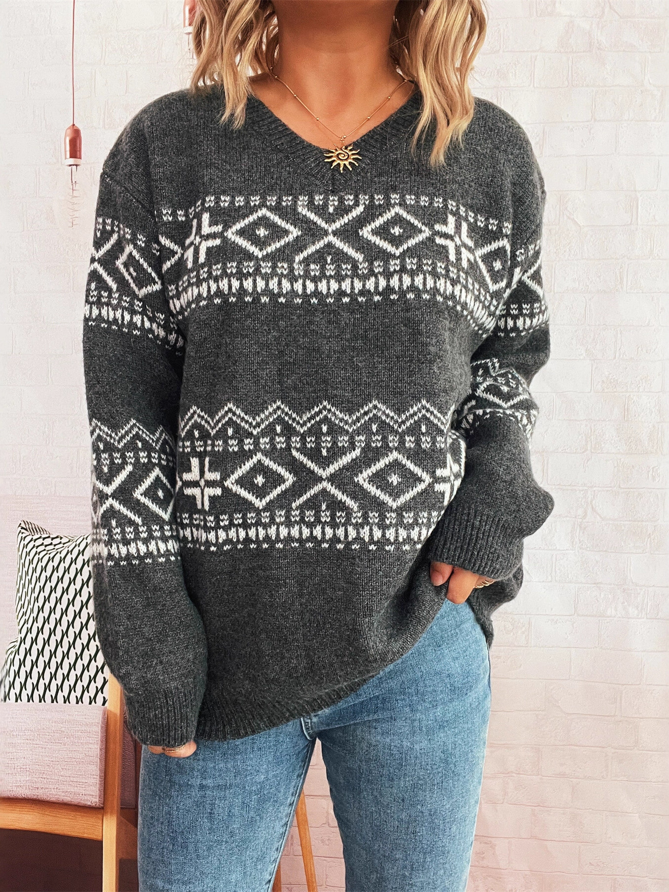Geometric Dropped Shoulder Long Sleeve Sweater
