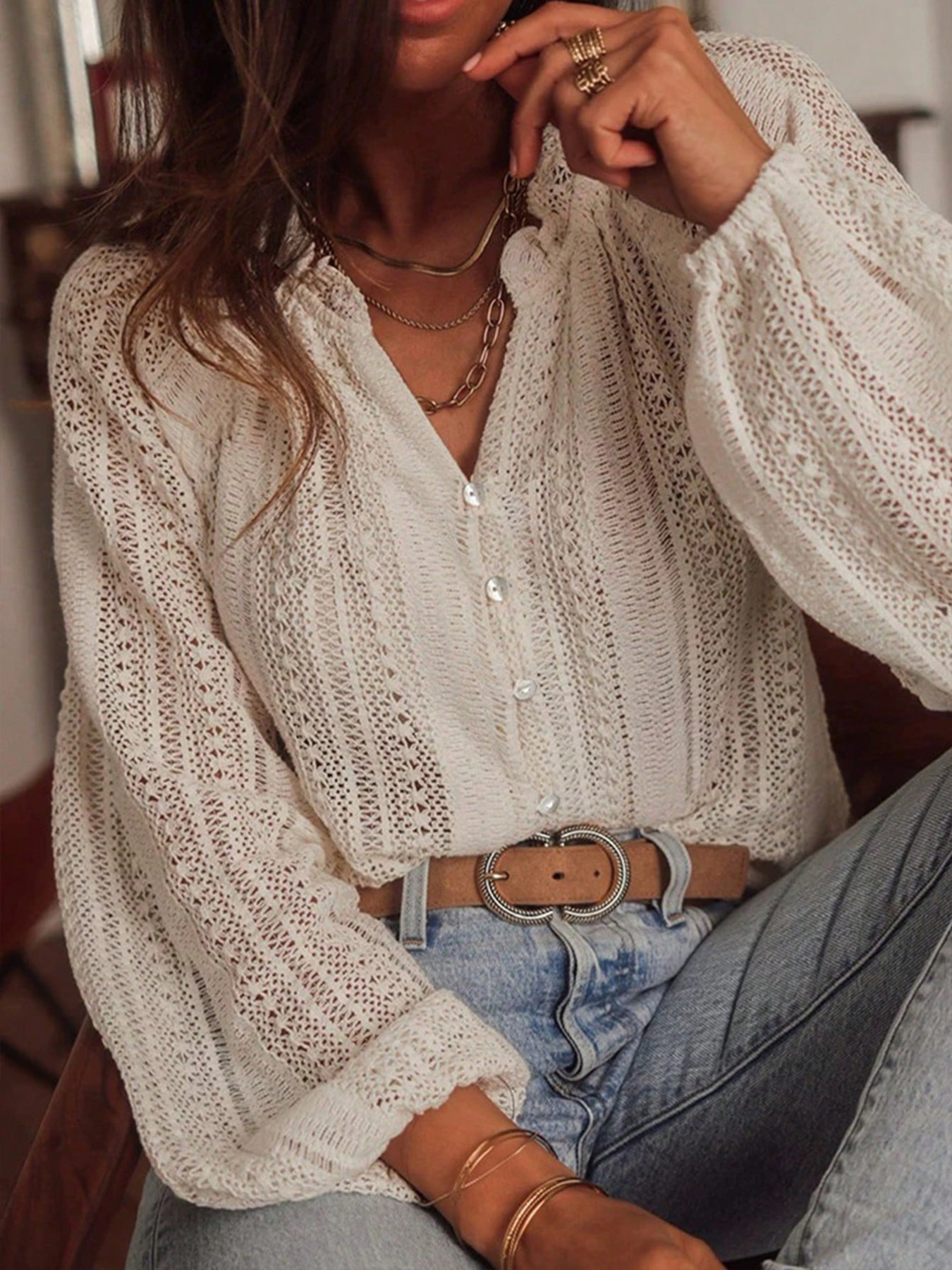 Crochet Notched Button-Front Shirt