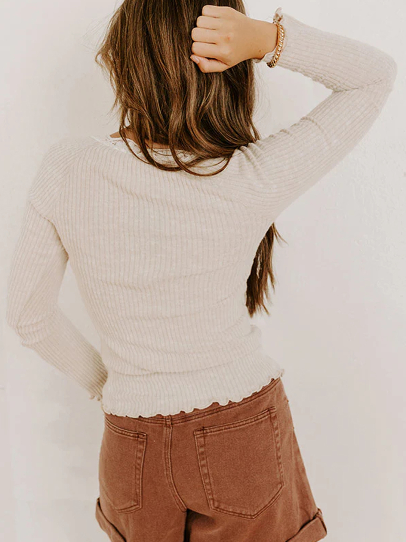 Lace Neckline Button Decor Lettuce Edge Long Sleeve Ribbed Top