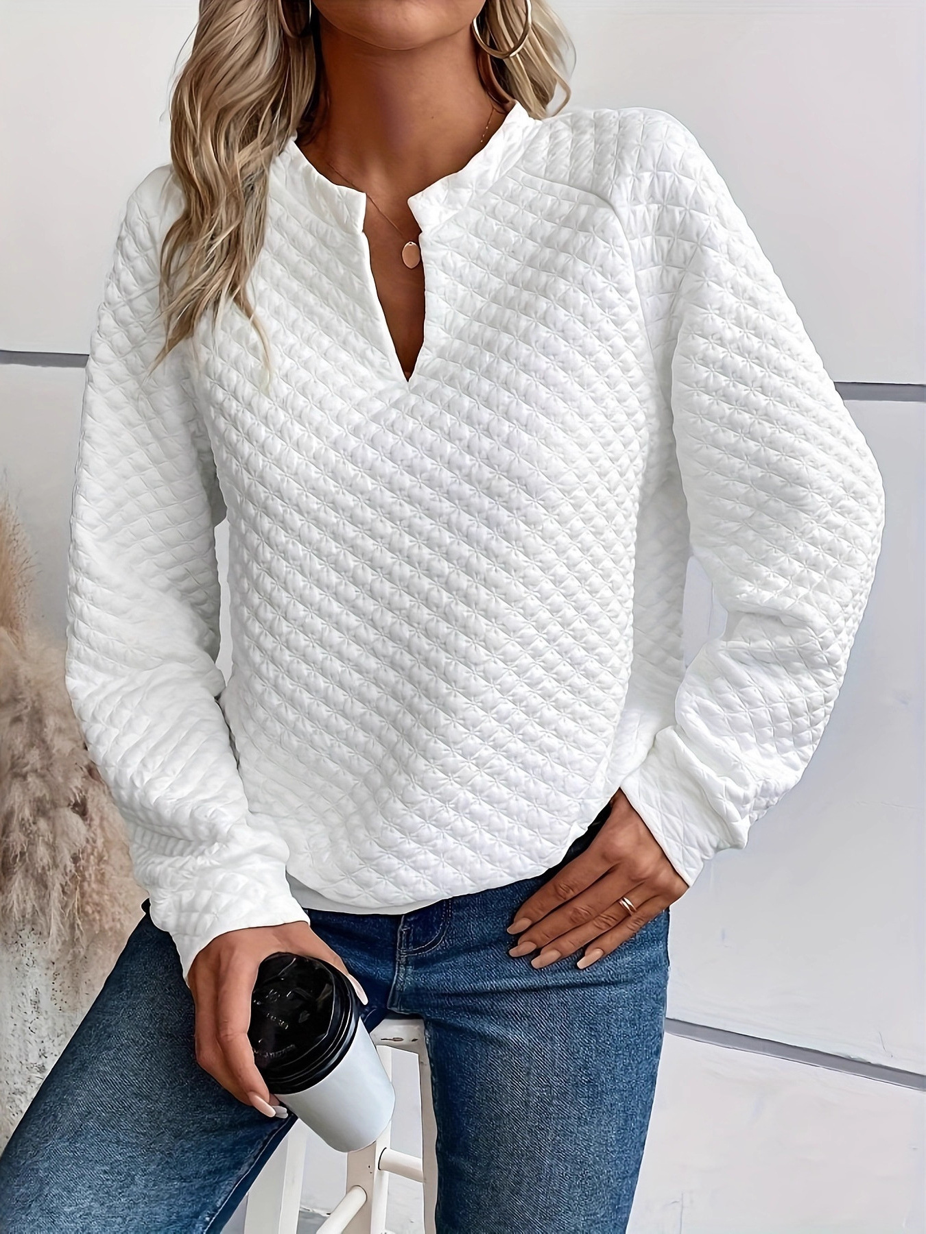 Quilted Texture Long Sleeve Sweatshirt with Notched Neck