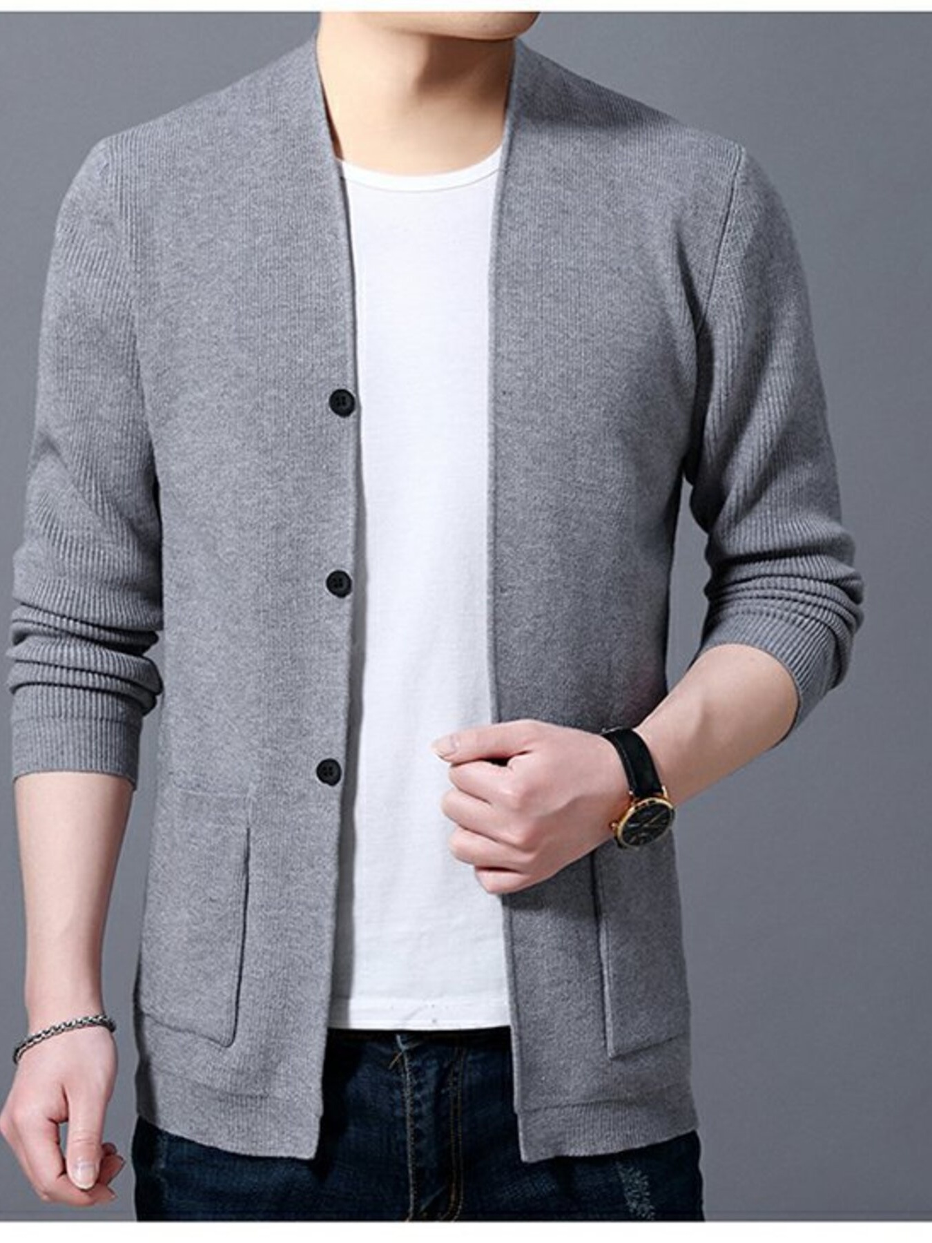 Men's Plus Size Long Sleeve Cardigan with Pockets