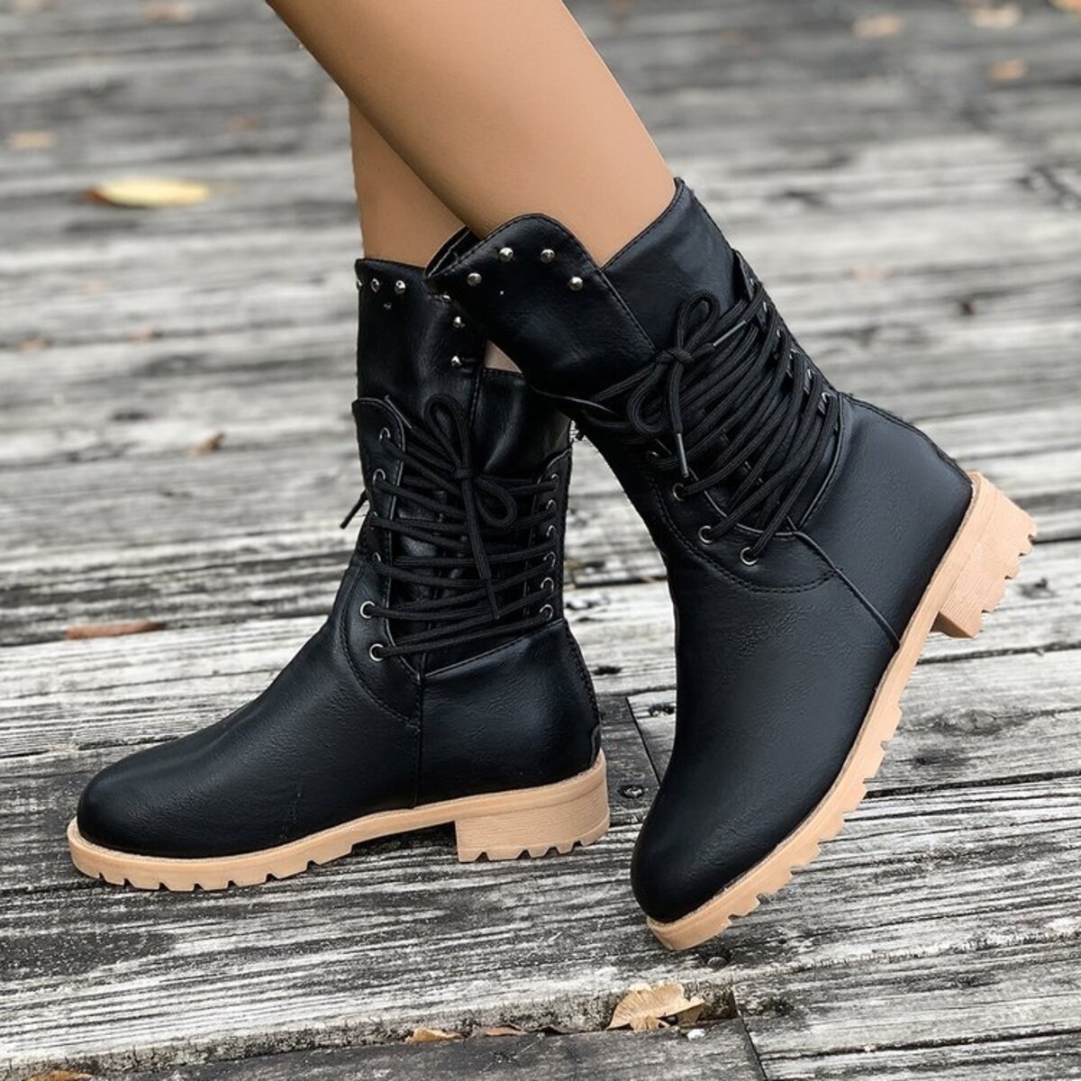 Lace Up Block Heels Boots