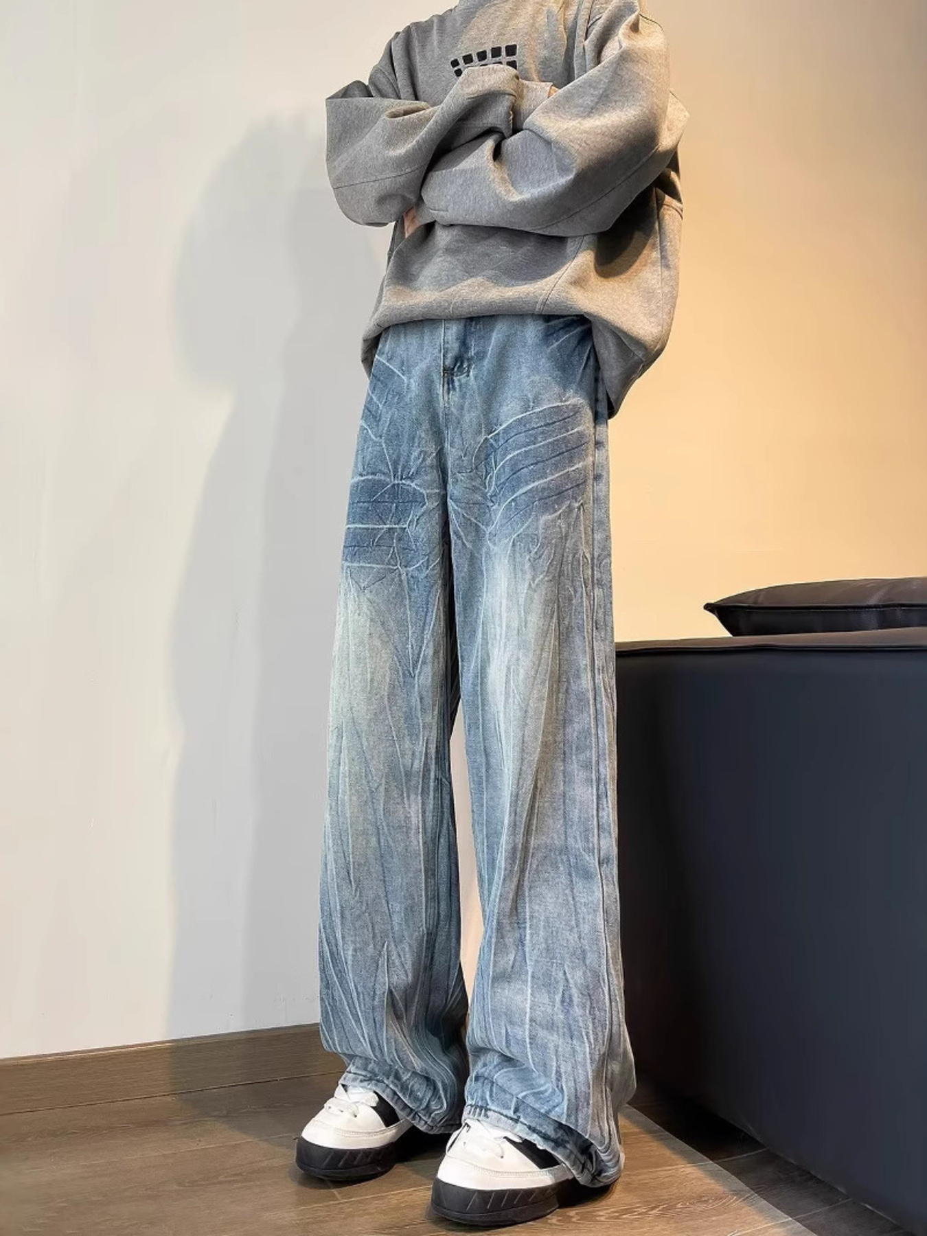 Men's Full Size Vintage Wash Wide Leg Jeans Plus Size